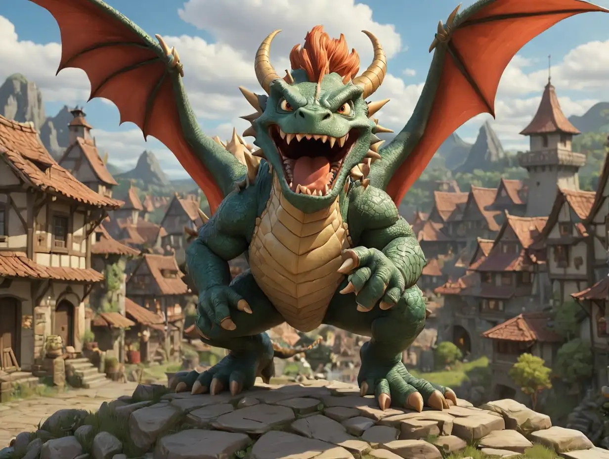prince fight , the dragon Wrath, village background, 3 d disney inspire