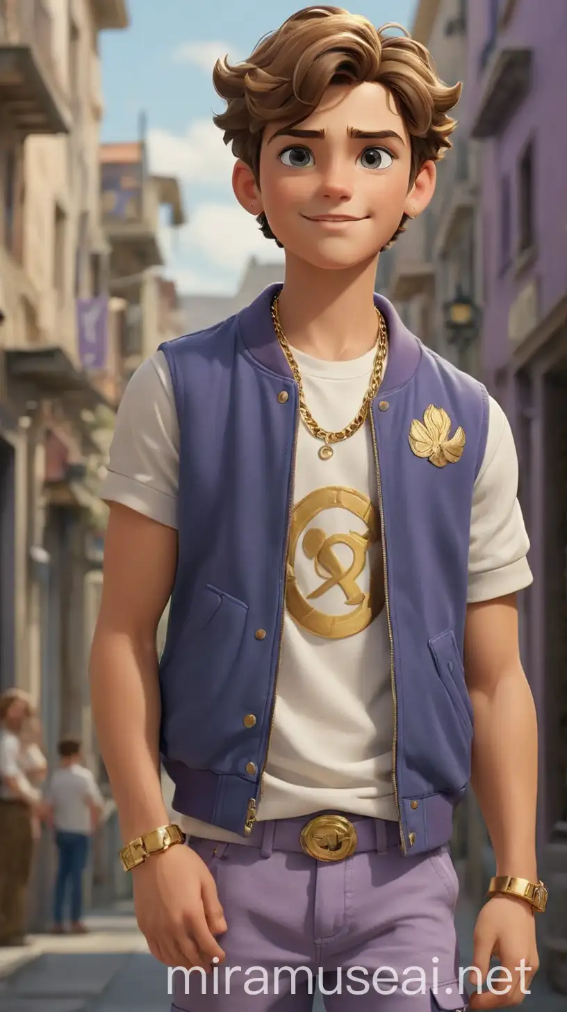 A striking and athletic young man, with a powerful build inherited from his legendary father, Hercules, and a charming smile that mirrors his mother, Megara. He has a tall and muscular frame, with broad shoulders and chiseled features that exude strength and confidence. The Boy's hair is a lustrous shade of brunette, styled in a trendy undercut that adds to his boyish charm. His eyes are a warm golden hue, sparkling with determination and ambition, reflecting his heroic lineage. His outfit embodies a fusion of 2020s boy next door, pretty boy, jock, Hellenic, new money, vintage Americana, and hypebeast aesthetics, reflecting his diverse interests and larger-than-life personality. He wears a fitted white t-shirt adorned with a gold laurel wreath motif, symbolizing his status as the son of Hercules and paying homage to his Greek heritage. Over the t-shirt, The Boy layers a royal blue varsity jacket with gold accents, adding a touch of athleticism and style to his ensemble. His cargo pants are a classic denim style in a medium wash, cuffed at the ankles for a casual and relaxed vibe. On his feet, he wears trendy white sneakers with gold detailing, ensuring both style and comfort for his active lifestyle. The Boy accessorizes himself with a gold chain necklace and a vintage Americana-inspired baseball cap in lavender, adding a pop of color and personality to his look. In his hand, he carries a leather backpack adorned with Greek key patterns and vintage Americana patches, perfect for storing his essentials and adding a touch of nostalgia to his ensemble. The Boy's demeanor is confident and outgoing, with an air of charm and charisma that draws others to him. Overall, The Boy exudes an aura of strength, style, and sophistication, blending elements of athleticism, heritage, and contemporary fashion in his captivating fashion choices. 