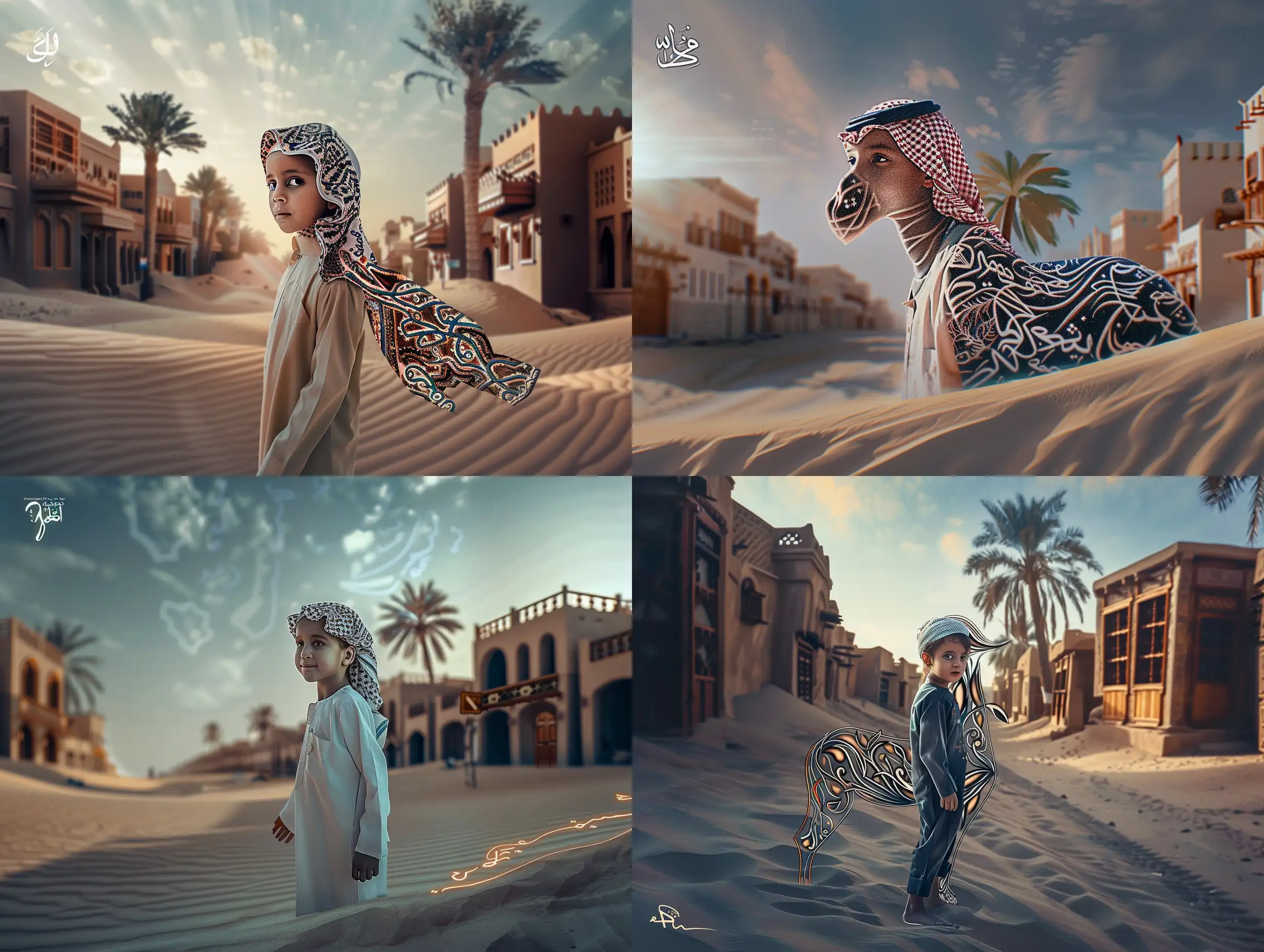 A realistic, cinematic-style image of a Saudi child standing on a street in the historic Jeddah area, surrounded by houses in the old Hejazi urban style, with wood veneers on the windows of the houses and palm trees near the houses, looking with a slight, innocent smile.
, Landscape, Marker, Normal perspective, Coastal Beach, Medium Format Camera, Natural Light, Delight,