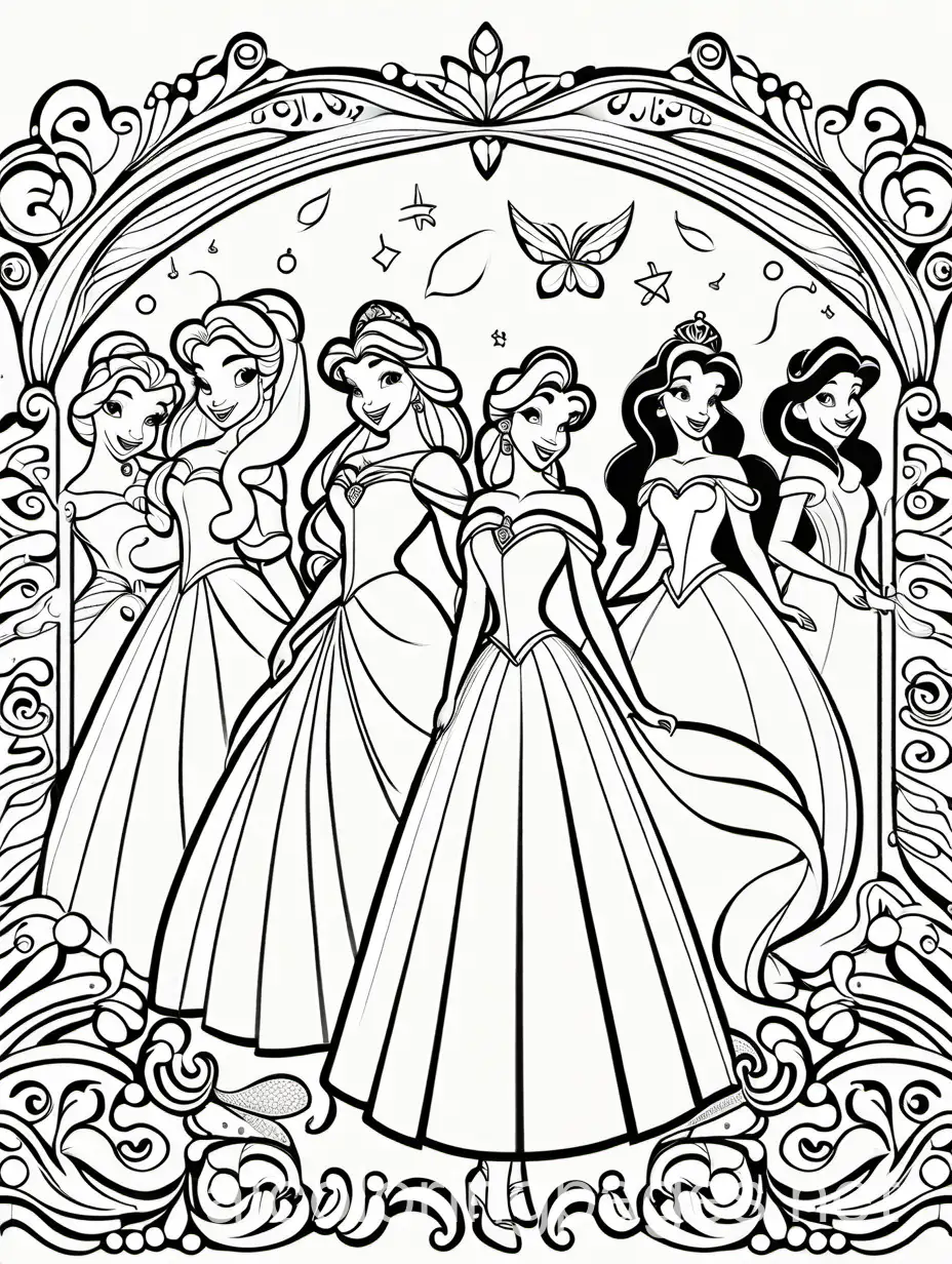 Disney princesses , Coloring Page, black and white, line art, white background, Simplicity, Ample White Space. The background of the coloring page is plain white to make it easy for young children to color within the lines. The outlines of all the subjects are easy to distinguish, making it simple for kids to color without too much difficulty