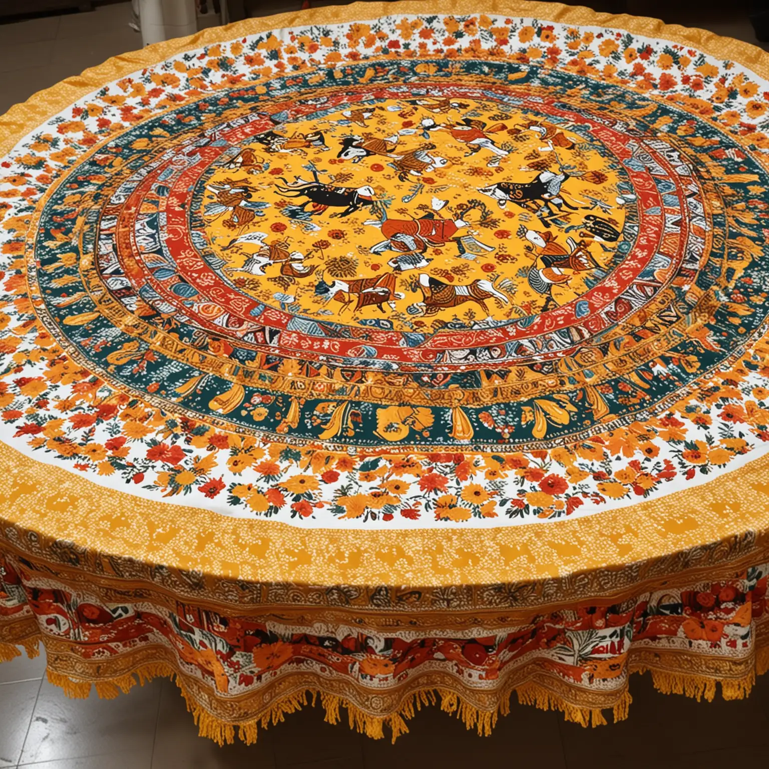 A table cover where its printed with indian designs for an event. The design on the fabric should be yellow and festival cows on it along with god krishna 