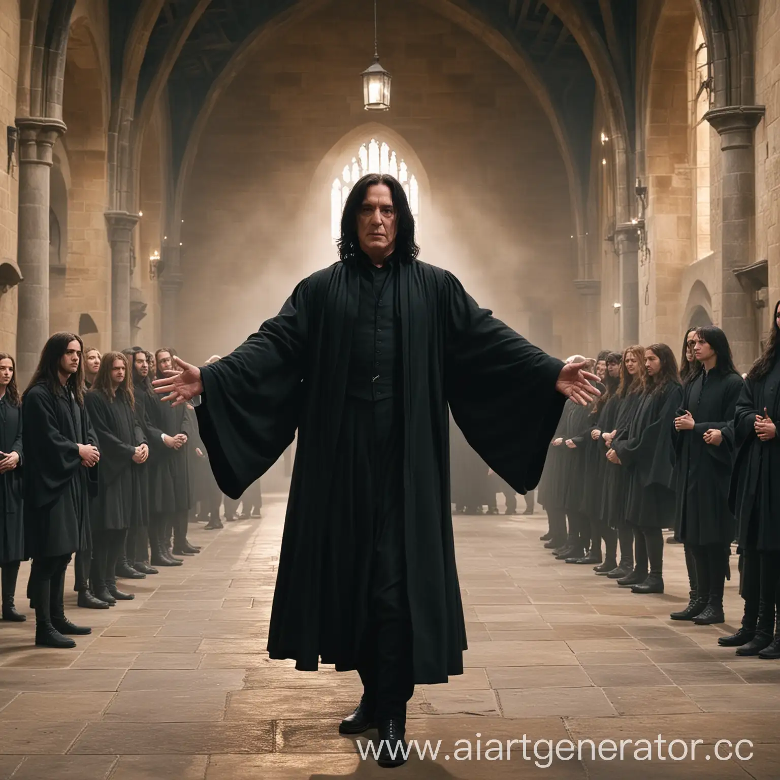 Stern-Severus-Snape-Stands-with-Horse-in-Grand-Hall-Harry-Potter-Smiles