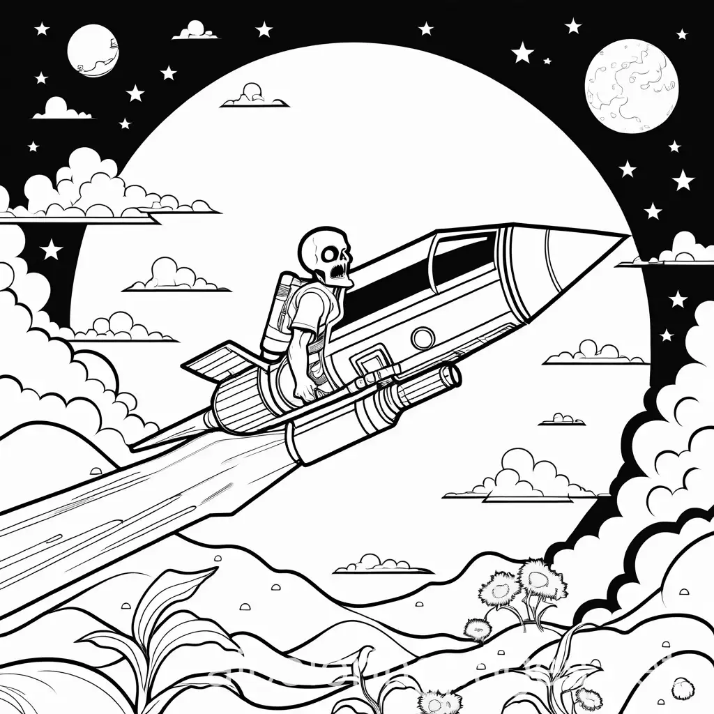 Zombie on a rocket, Coloring Page, black and white, line art, white background, Simplicity, Ample White Space. The background of the coloring page is plain white to make it easy for young children to color within the lines. The outlines of all the subjects are easy to distinguish, making it simple for kids to color without too much difficulty