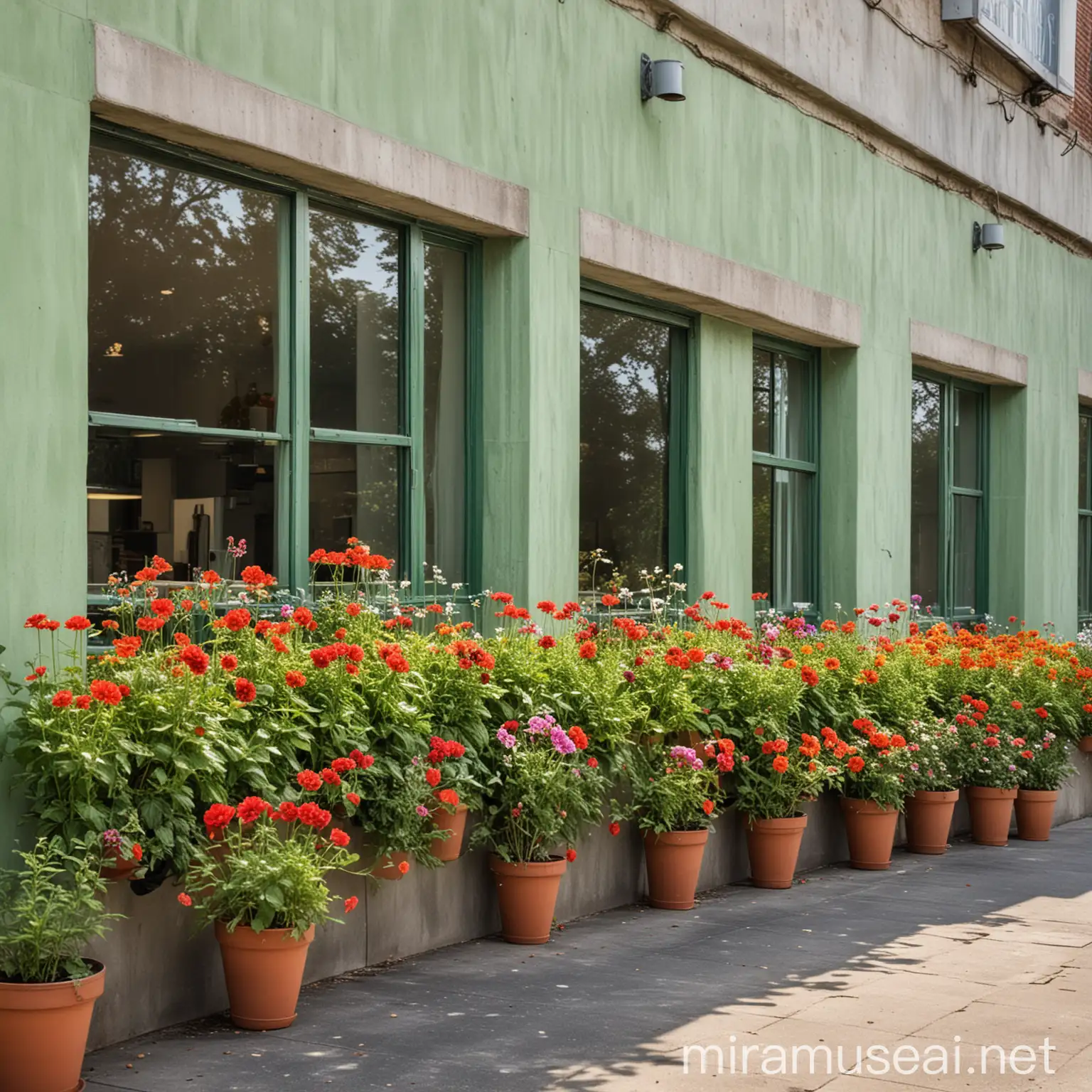 Cafeteria Wall with Lush Greenery and Flower Pots