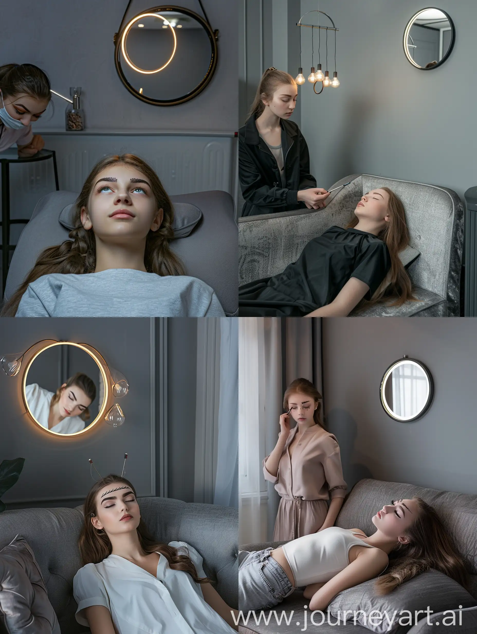 Master-Brow-Artist-Performing-Eyebrow-Lamination-on-Young-Woman-in-Stylish-Gray-Room