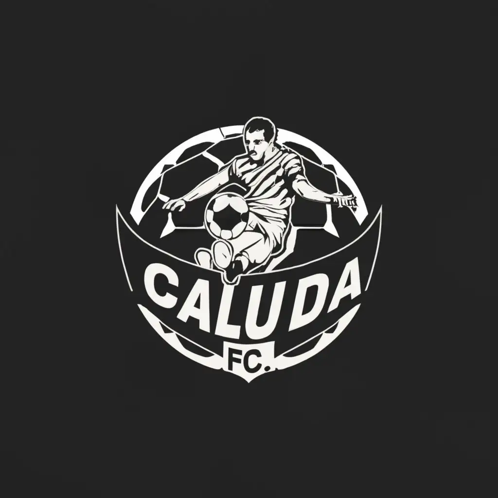 a logo design,with the text "Caluda FC", main symbol:a black and white soccer logo with a player in the middle of the logo,complex,clear background