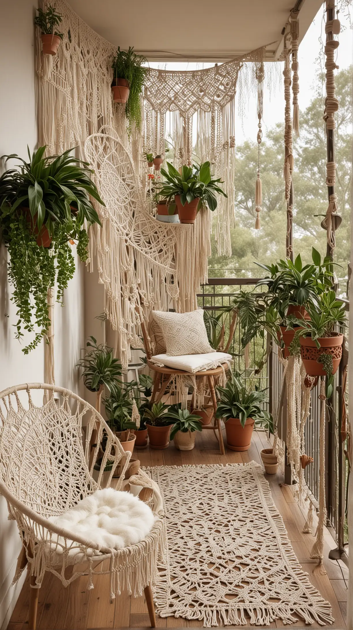 Bohemian balcony with intricate macramé wall hangings and plant hangers, natural light, cozy ambiance.
