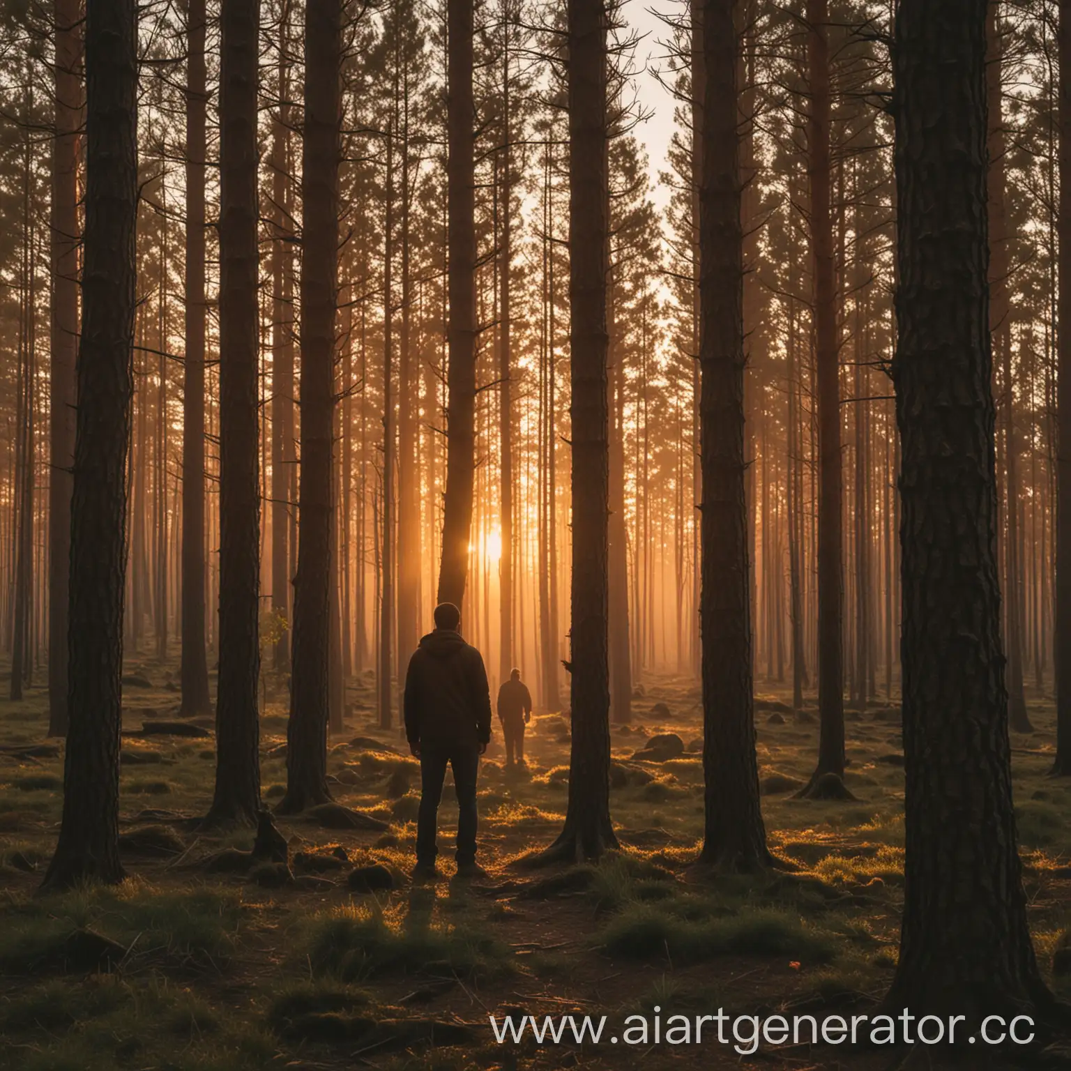 a man in a pine forest at sunset, standing in the distance, only a silhouette is visible