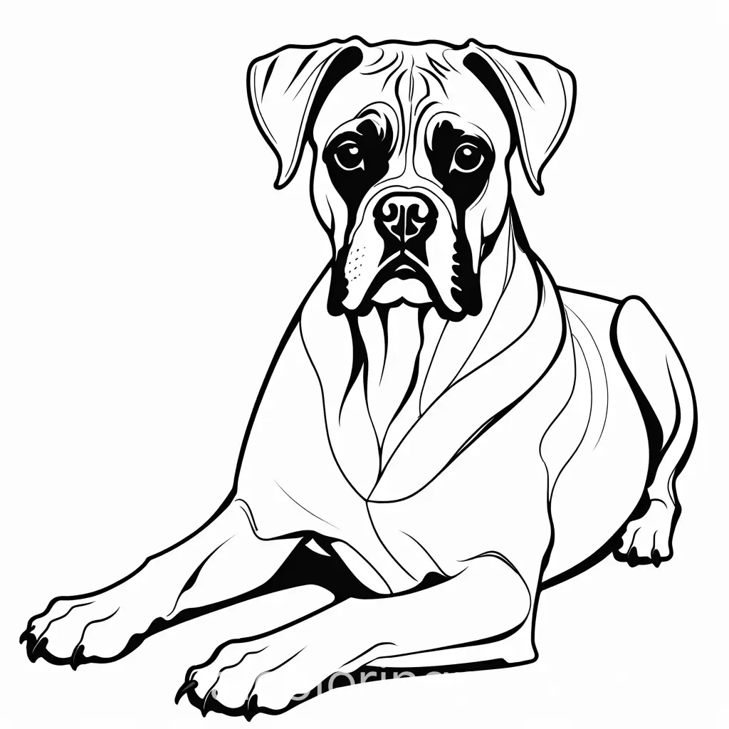 boxer dog laying on the floor, Coloring Page, black and white, line art, white background, Simplicity, Ample White Space. The background of the coloring page is plain white to make it easy for young children to color within the lines. The outlines of all the subjects are easy to distinguish, making it simple for kids to color without too much difficulty