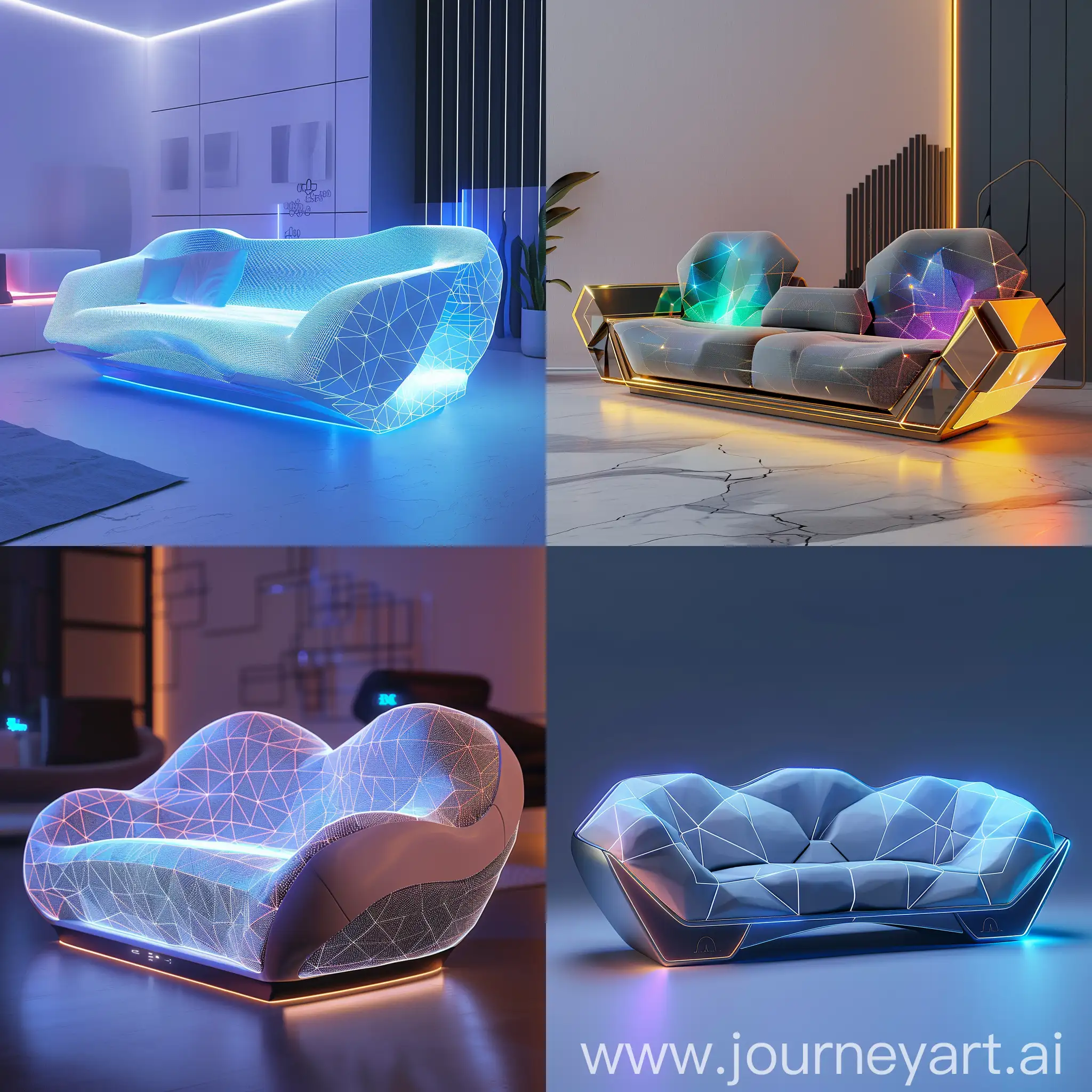 Futuristic sofa, advanced information age, Embedded Smart Sensors, Dynamic Shape-shifting, Integrated Holographic Display, Biometric Authentication, Smart Climate Control, Self-repairing Materials, Modular Design, Integrated Wireless Charging, AI-powered Assistance, Environmental Monitoring, IoT Integration, Data Analytics for Health, Augmented Reality Enhancement, Blockchain-enabled Security, Energy Harvesting, Personalized AI Recommendations, Voice and Gesture Control, Biophilic Design Elements, Virtual Collaboration Tools, Emotion Sensing Technology, Minimalist Aesthetic, LED Lighting Integration, Transparent or Translucent Materials, Dynamic Color-changing Surfaces, Geometric Patterns and Textures, Floating Design Elements, Foldable or Transformable Features, Augmented Reality Decor, Biophilic Design Integration, Interactive Touch Surfaces, Smart Fabric Technology, Nanotechnology-enhanced Materials, 3D Printed Components, Mixed Reality Projection Mapping, Self-Adjusting Ergonomic Features, Carbon-negative Materials, Customizable Modular Design, Embedded Augmented Reality Mirrors, Smart Surface Coatings, Gesture-controlled Ambient Lighting, unreal engine 5 --stylize 1000