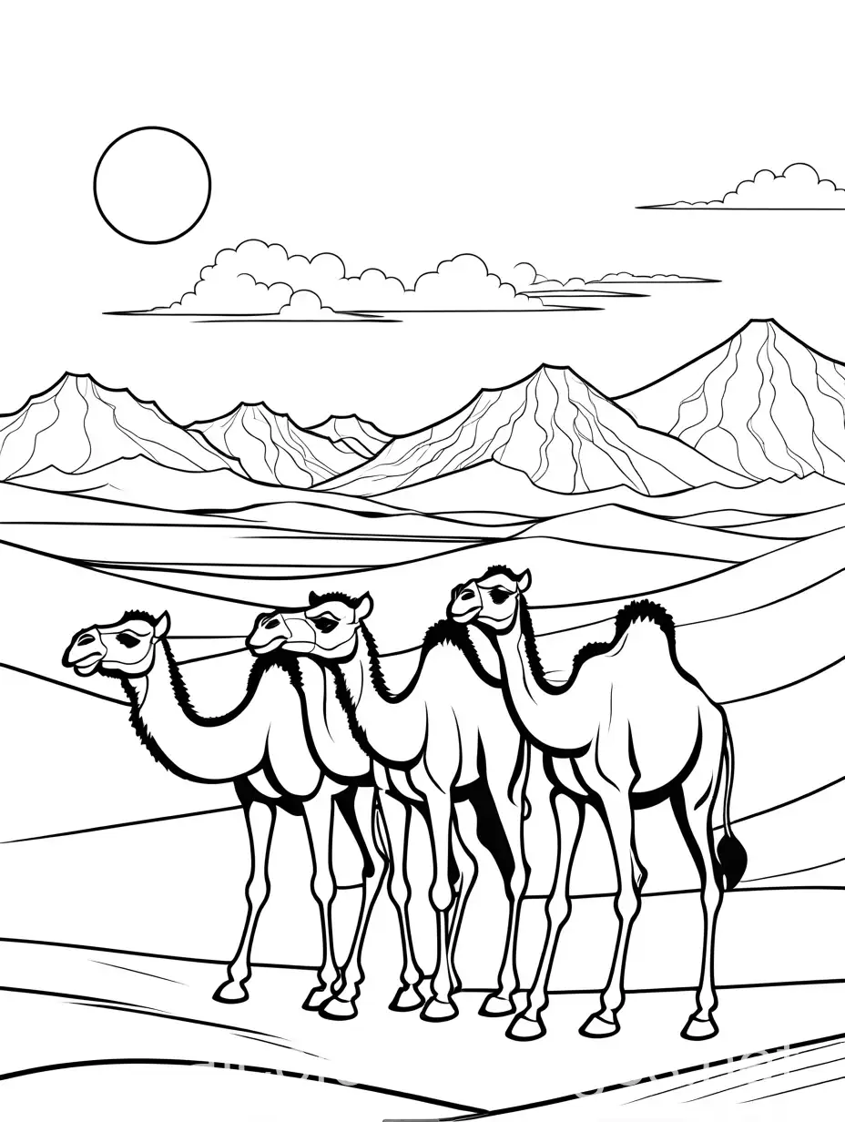 Simple-Cartoon-Desert-Scene-with-Camels-for-Kids-Coloring-Page