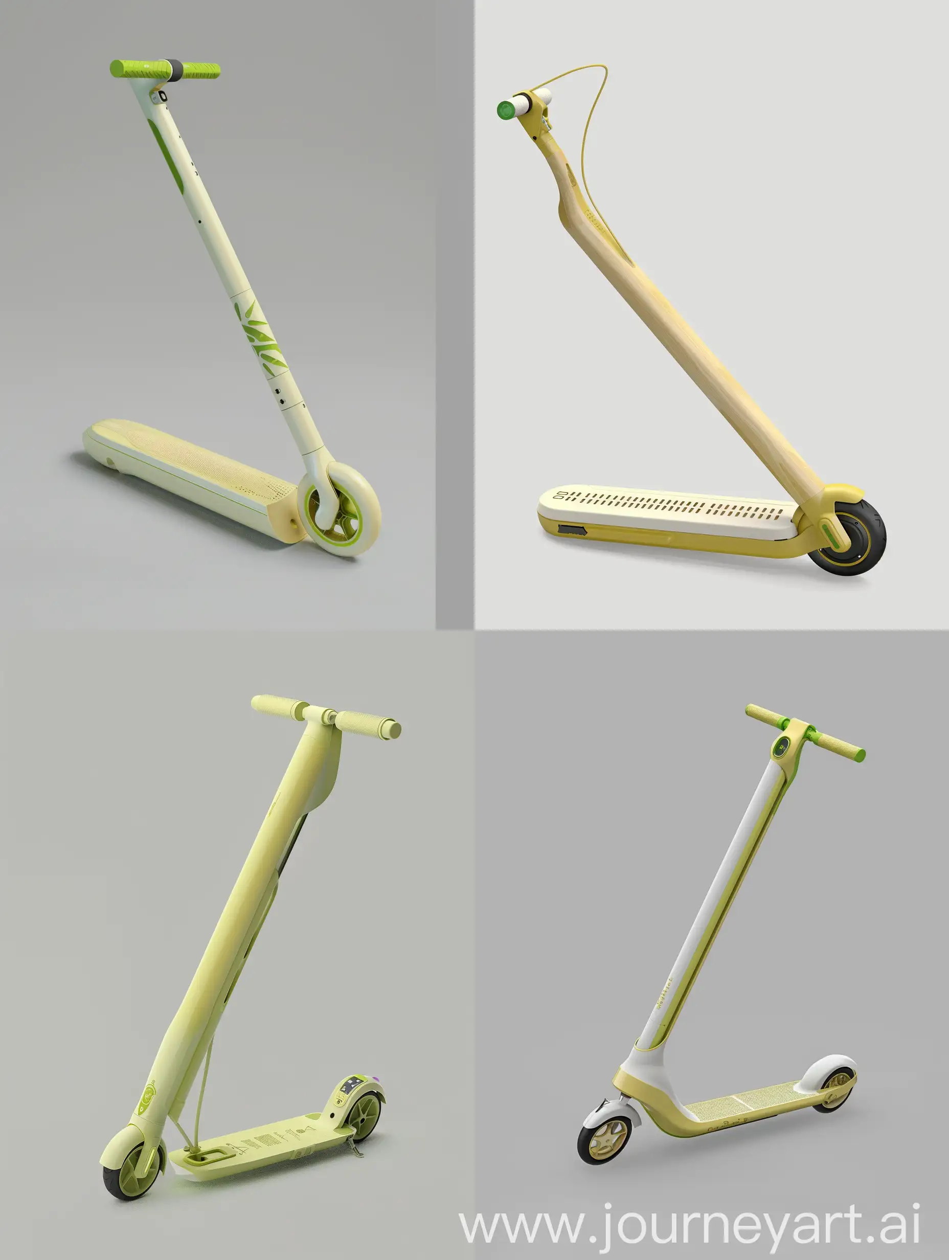 Design a  futuristic, foldable eco-friendly adulalt size electric scooter for young people inspired by the characteristics and symbolism of bamboo. The scooter features sleek, smooth curves with a matte warm white finish and slight transparency, accented with green tones inspired by bamboo. The handle design is minimalistic and curved, inspired by bamboo leaves, with a subtle texture, made from durable composite materials. The footboard is a multi-segmented structure with a textured, non-slip surface, folding neatly into the main body.The scooter folds into a compact cylindrical shape with non-uniform cross-sections mimicking bamboo segments. The wheels are retractable, folding into the body via a spring-loaded and gear system inspired by the retraction mechanisms of turtle limbs, ensuring a smooth, unified form. The handles fold inward along precise hinge lines, inspired by the folding of insect wings and Mimosa pudica leaves, using spring-loaded or magnetic hinges.The scooter includes solar panels for sustainable charging and a kinetic energy recovery system. A small, integrated display on the handlebar shows the map, path, charge level, and weather conditions. The design emphasizes both form and function, suitable for urban commuting, highlighting eco-friendliness and innovation. Materials used are lightweight composites with a matte warm white and slightly transparent finish, accented with green tones. The handlebar features an integrated power button and a folding/unfolding button for ease of use, with the LED display centered for clear visibility. The overall design is clean, minimalistic, and inspired by the natural elegance and segmented structure of bamboo. The scooter also features customizable LED lights and mobile app integration for personalization and tracking of usage and environmental impact.
