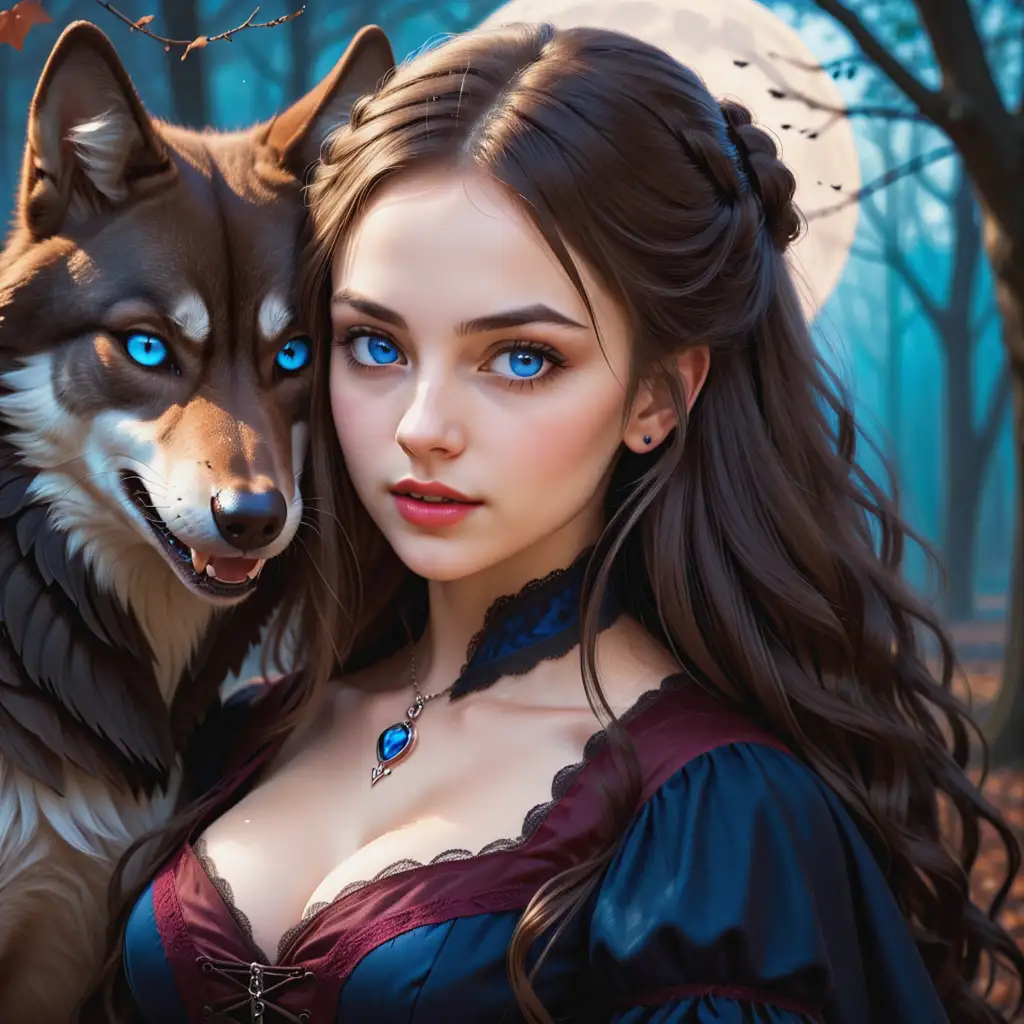 beautiful female vampire around 25 years old from 1850 and a brown wolf with blue eyes.
