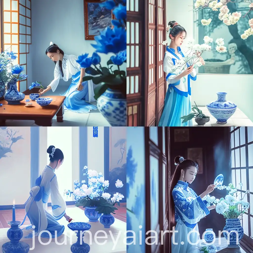Chinese-Style-Girl-Arranging-Blue-and-White-Porcelain-Flowers-in-Room