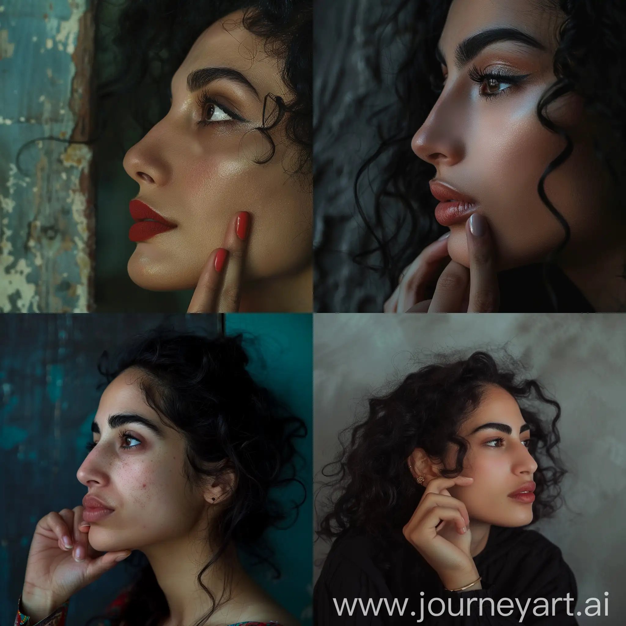 Photo: Profile Portrait of Palestinian woman with broad crooked big nose, bushy eyebrows, full hair, big lips, seductive look, captivating portrait, fingers on lips, 