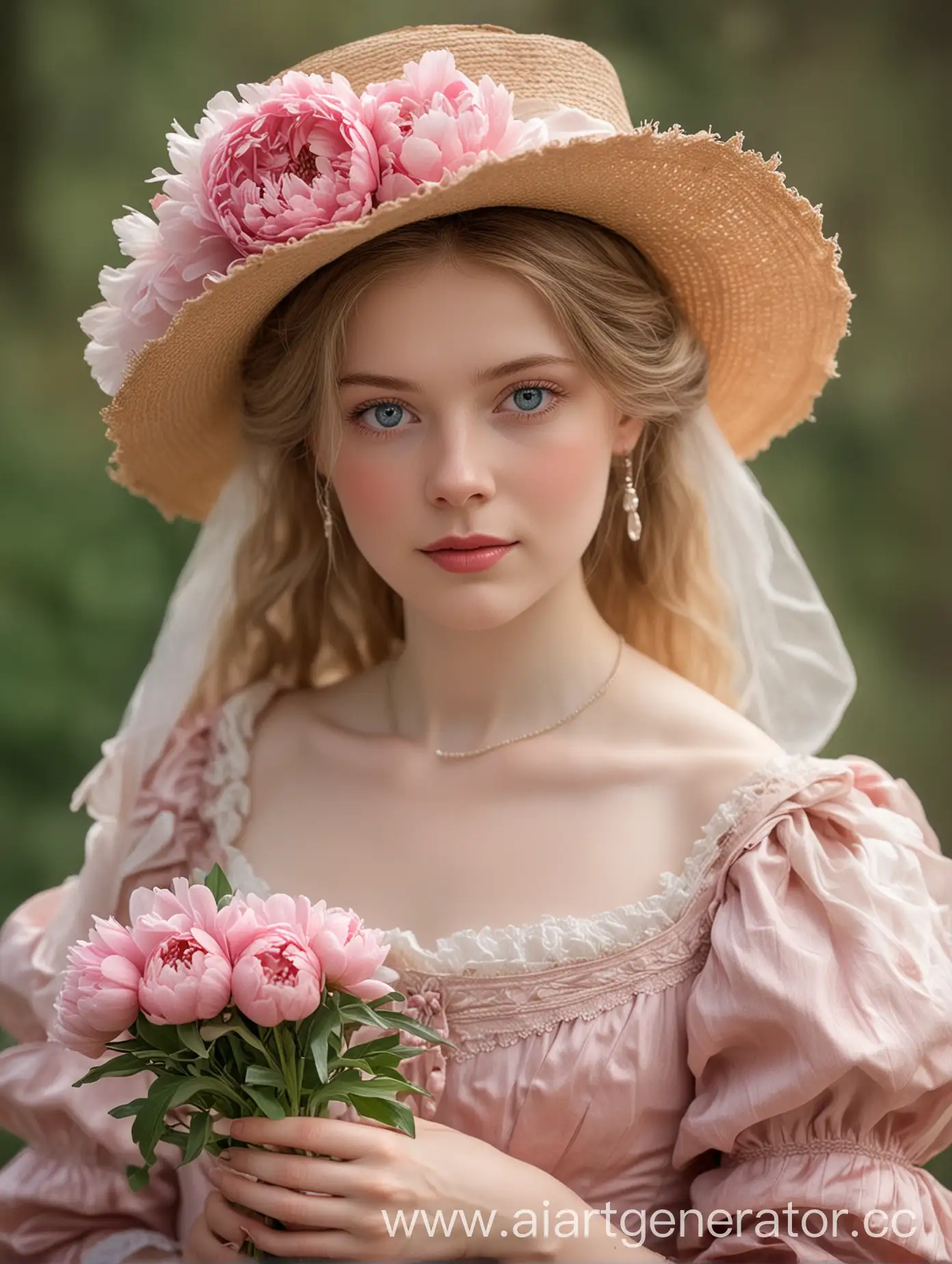 19 век, Бледная кожа, голубые глаза, светло-русые волосы, розовое платье 19 века и шляпа 19 века, пионы в руках