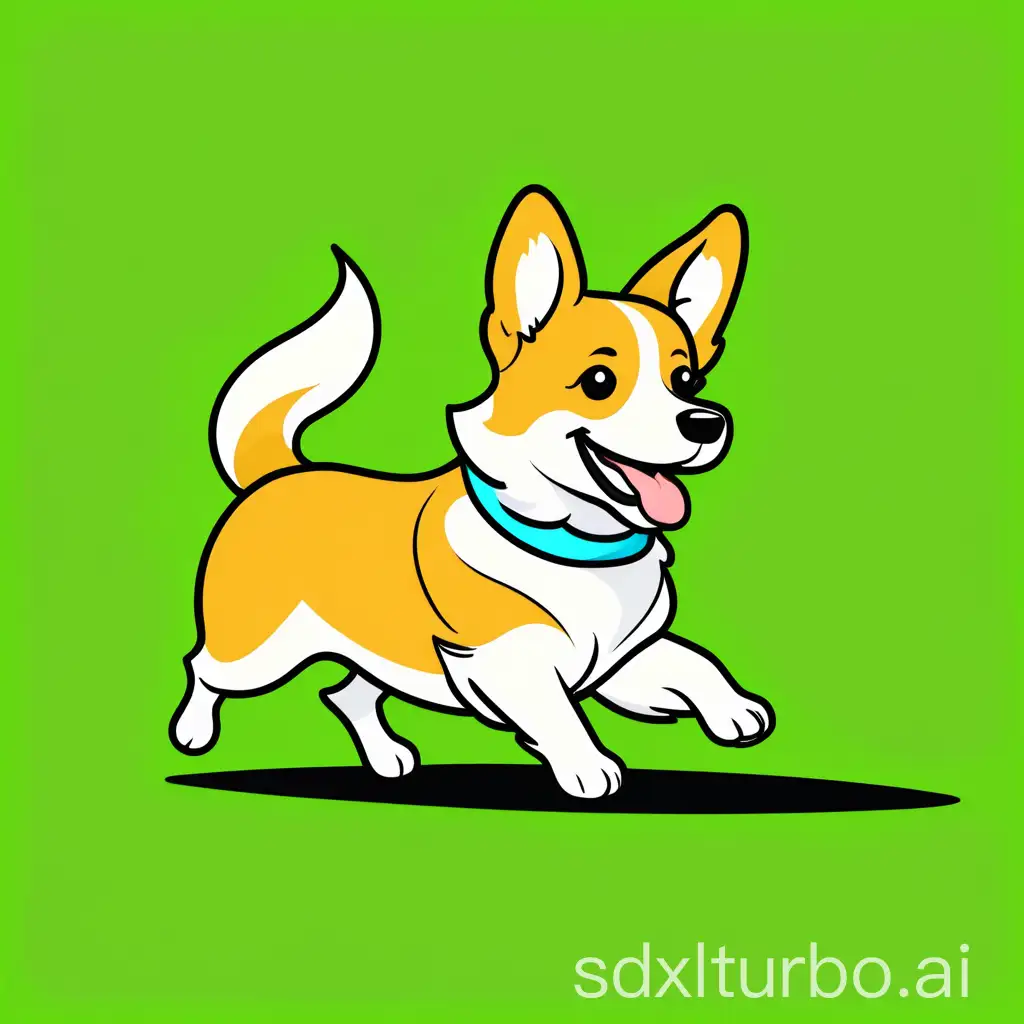 cartoon cute corgi dog runs, side view, simple line art with color, solid color background