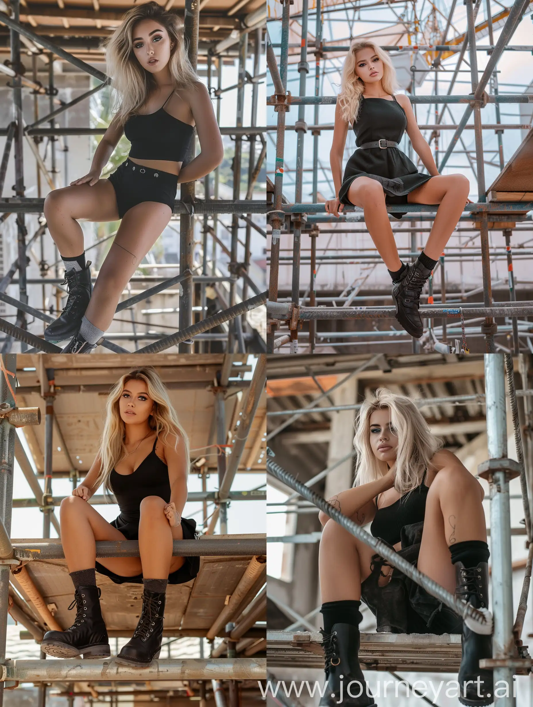 a blonde young brazilian woman, influencer, beauty, black dress, makeup,, , little fat, black boots, ,half chubby, thick legs, socks and boots, 4k, , is working on a steel scaffold under construction