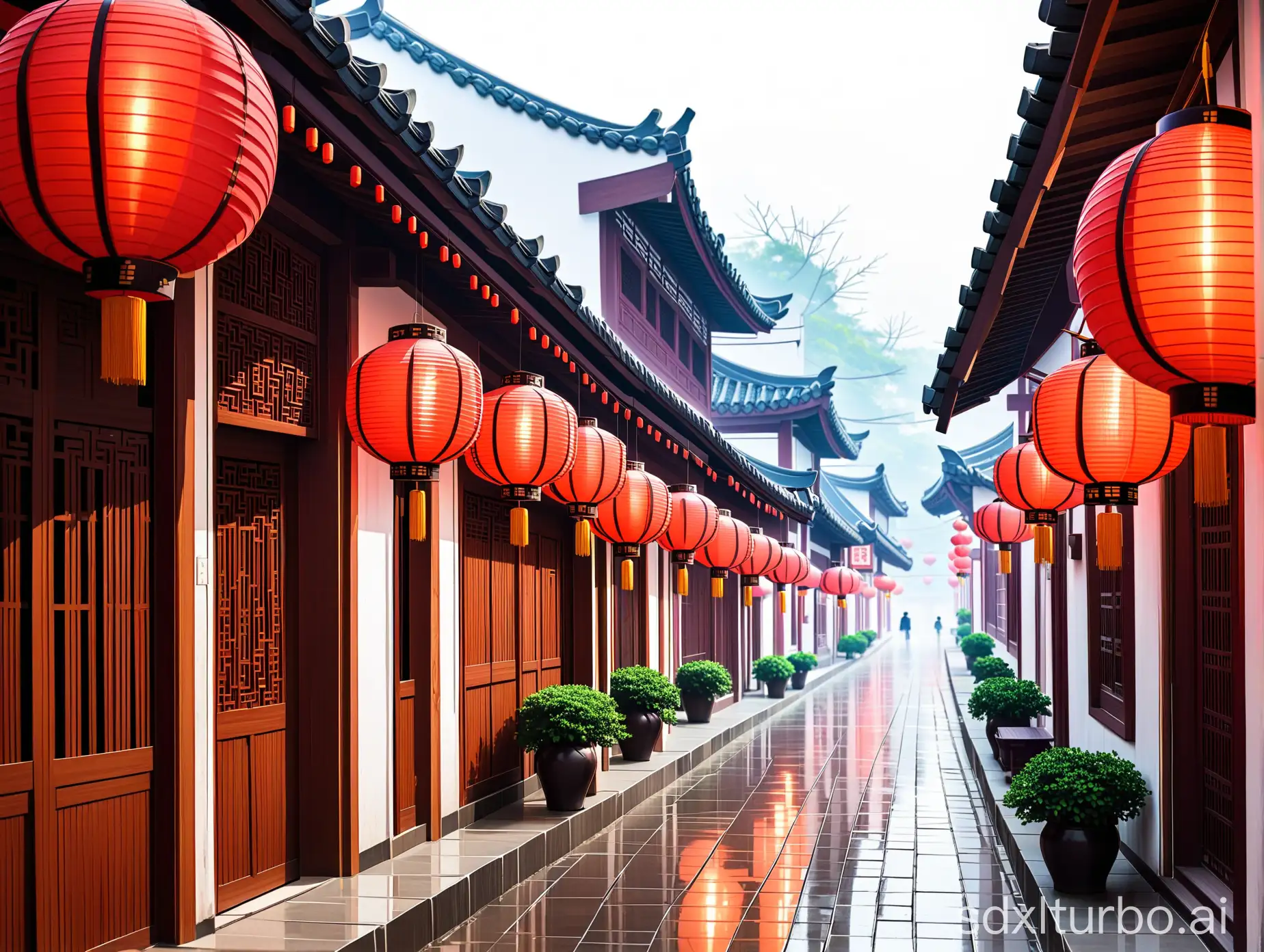 The quaint streets of a small town in Anhui, with morning mist lingering, are lined with red lanterns, creating a warm and traditional Chinese atmosphere.