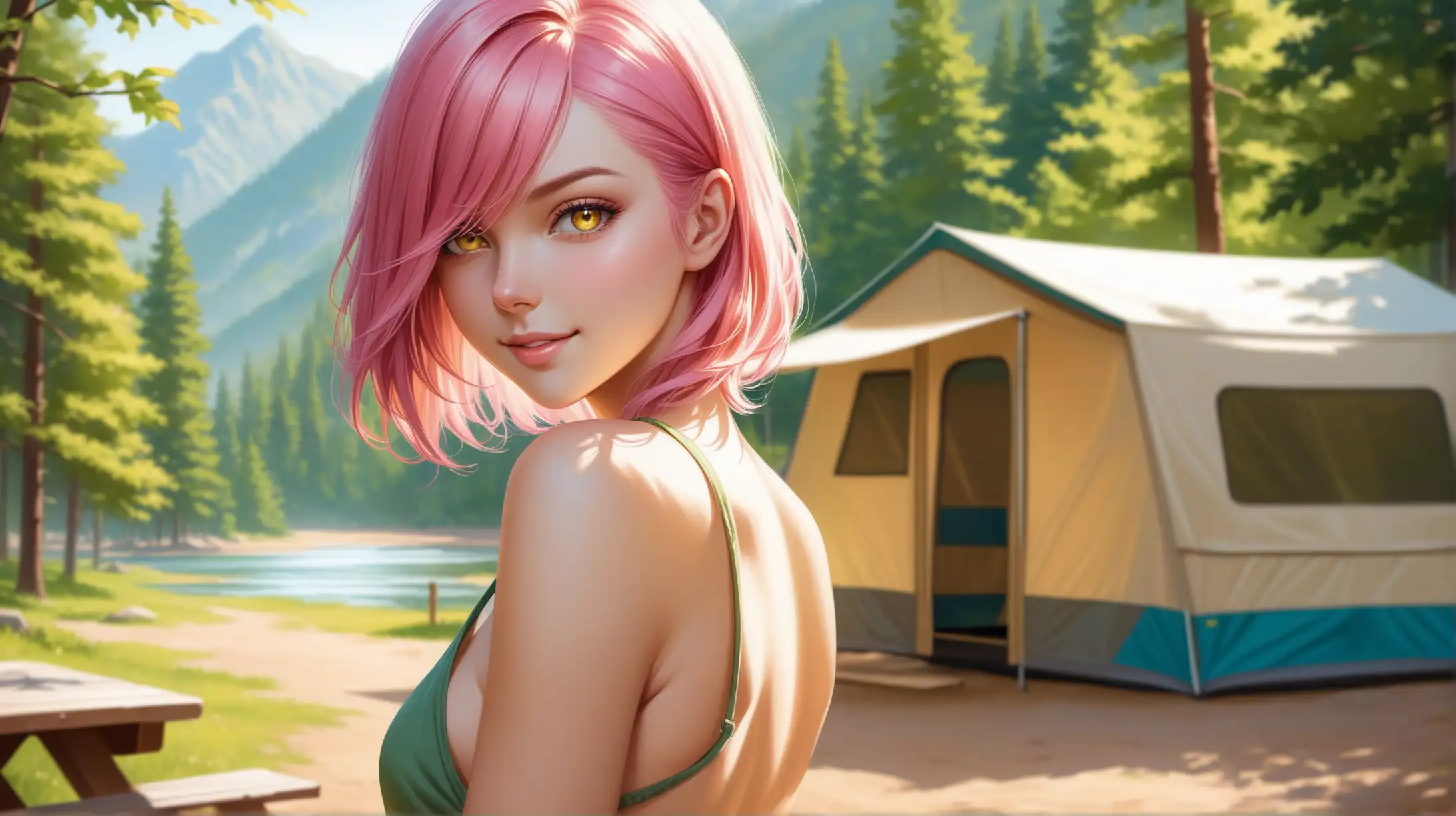 Seductive Summer Smile Woman with Pink Hair in Natural Campground Light