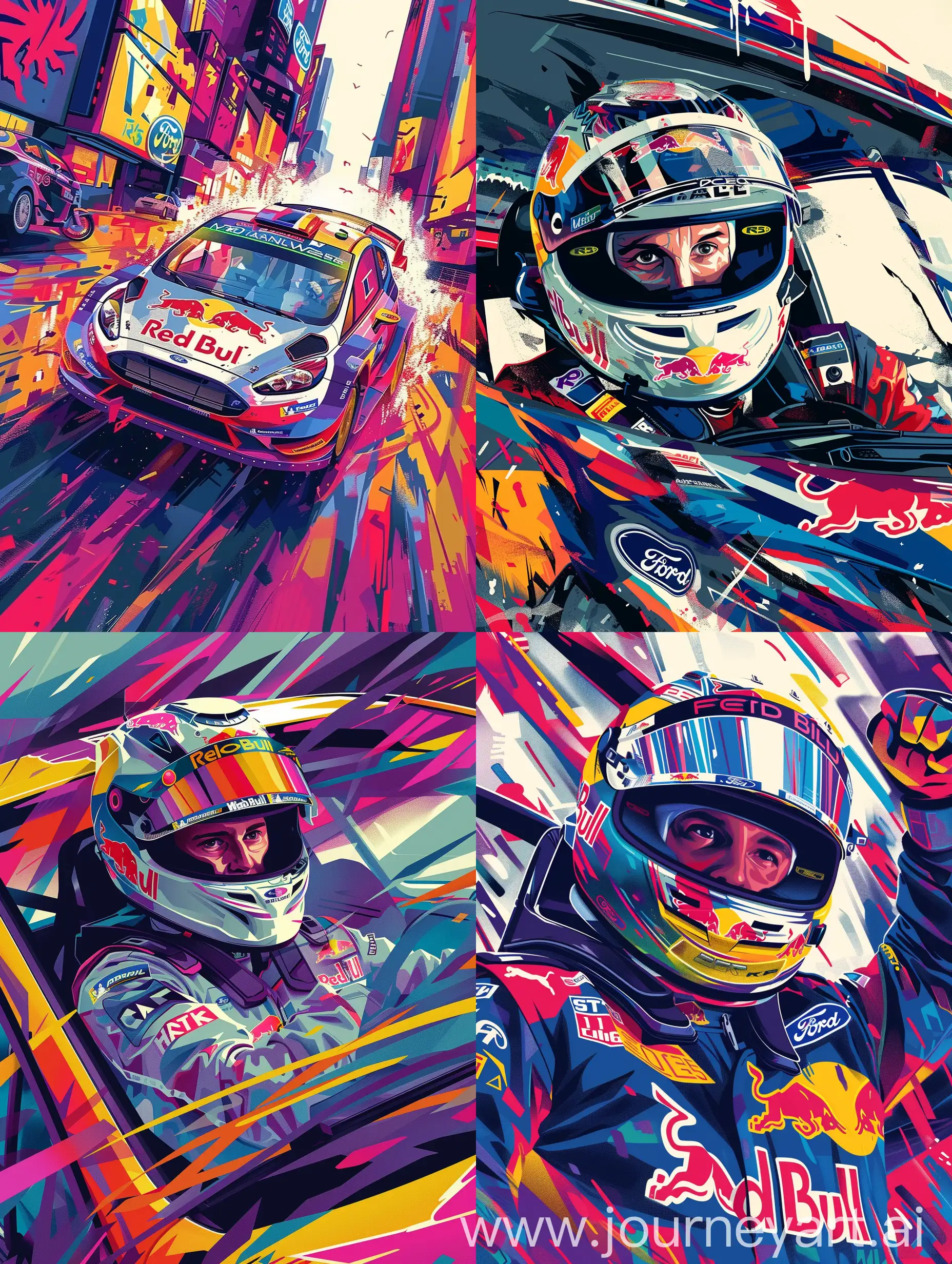 a rally driver driving a ford fiesta r5 in a city rally stage, with his co driver besides him, voth wearing a full face helmet and a racing suit both with a red bull livery, with a fearful eye, in a colorful style