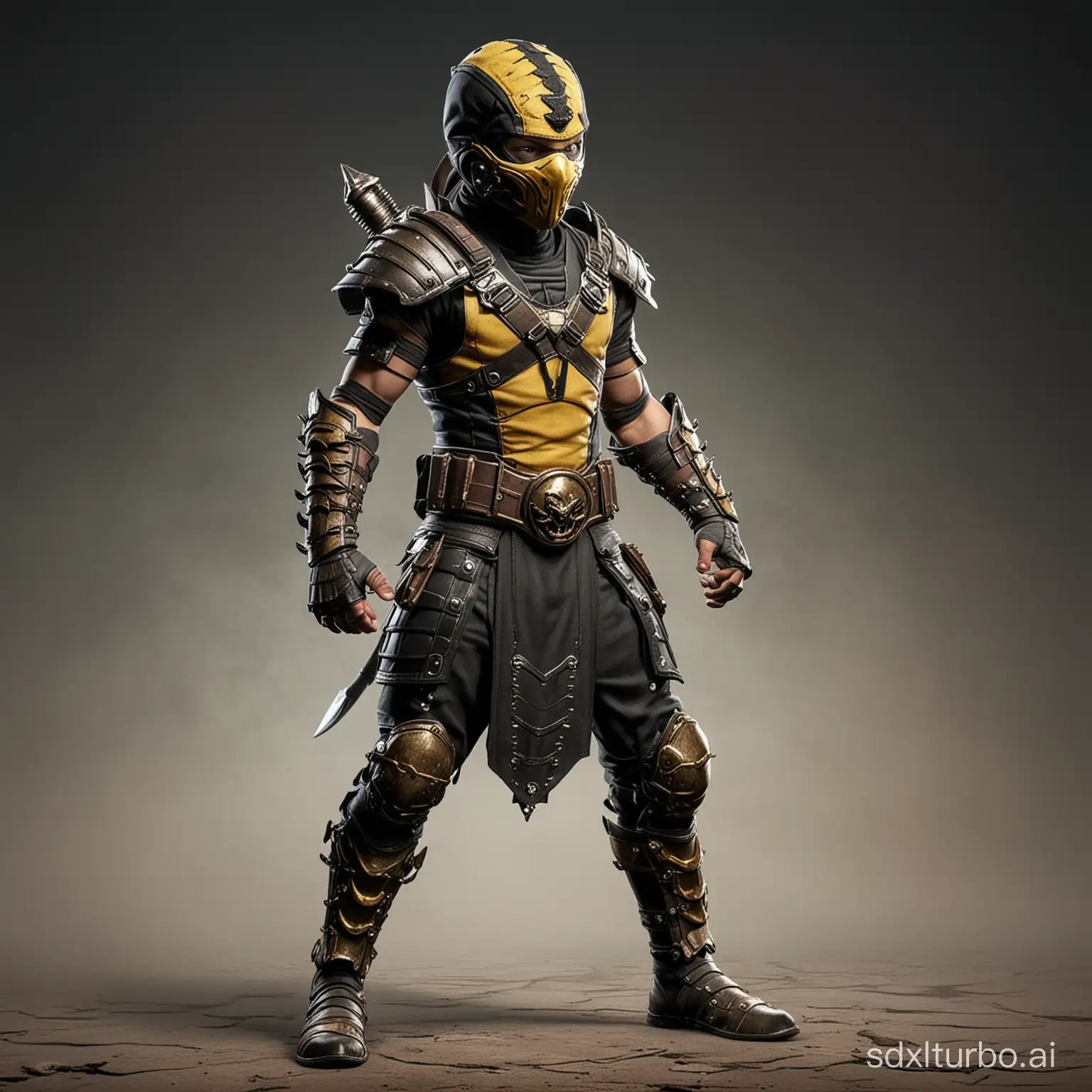 Little child scorpion mortal kombat with masculine face, wearing full armor with assault rifle, game character, stands at full height