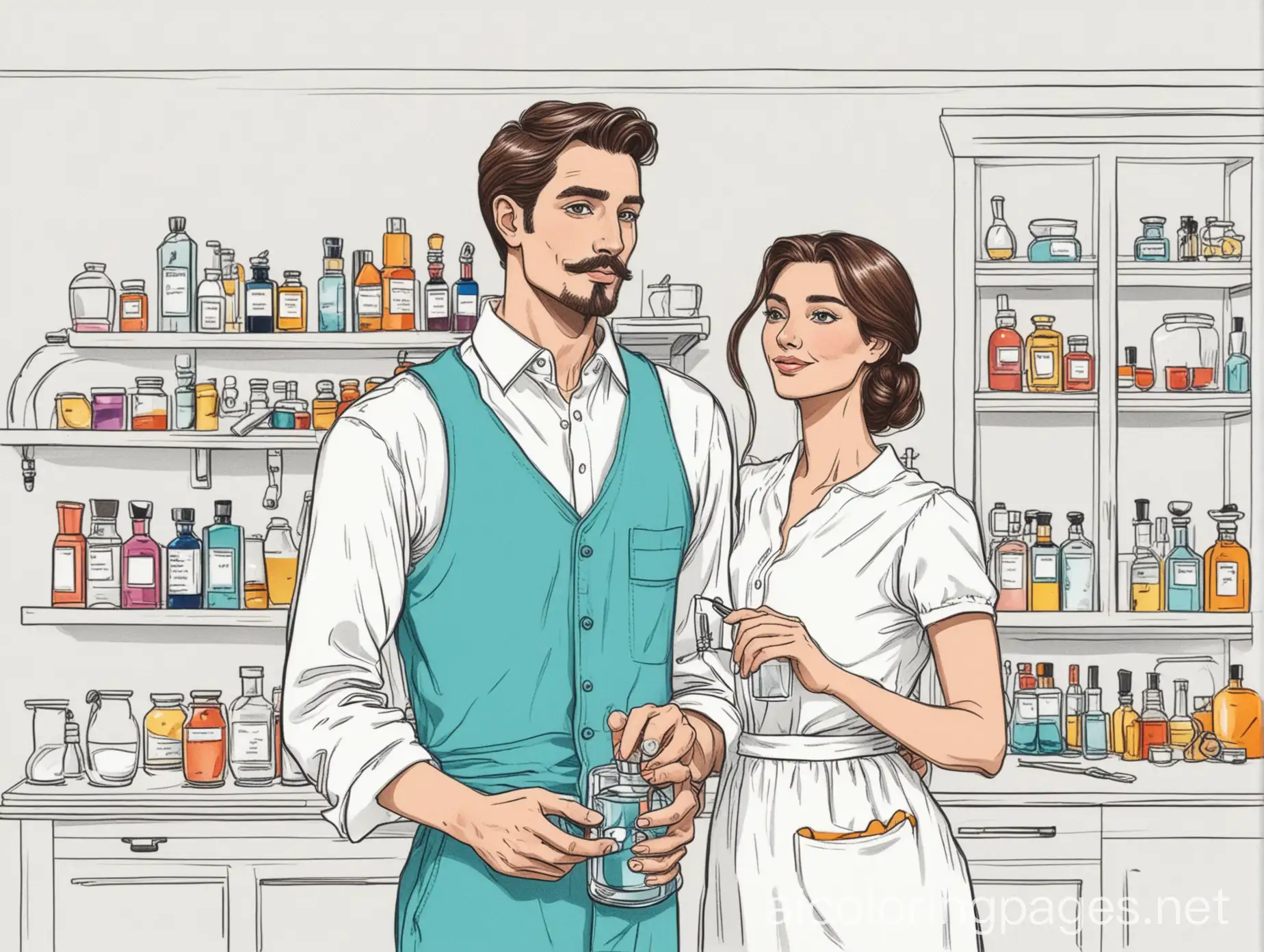Illustration of a man who works as a perfumer and lives with his wife in a house in bright, clear colors, Coloring Page, black and white, line art, white background, Simplicity, Ample White Space. The background of the coloring page is plain white to make it easy for young children to color within the lines. The outlines of all the subjects are easy to distinguish, making it simple for kids to color without too much difficulty