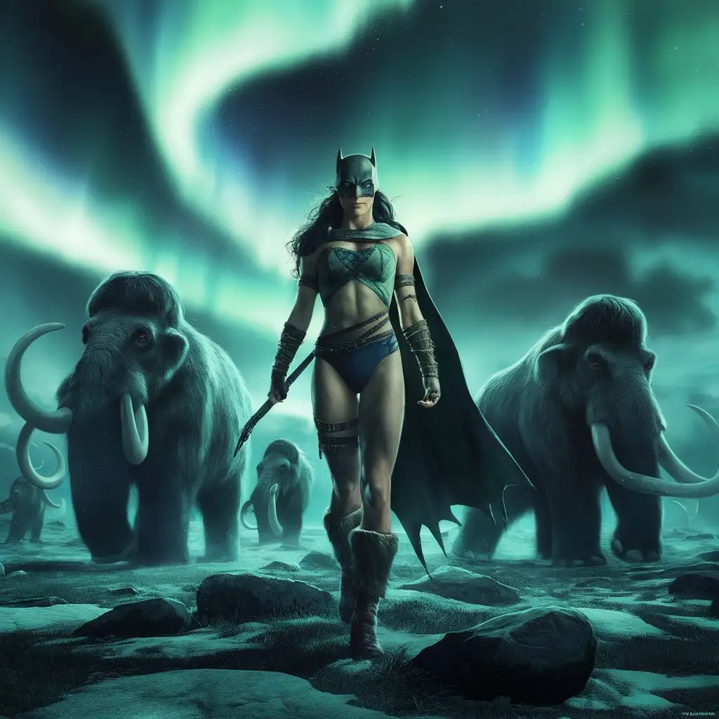 Batman Girl from Barbarian Tribe Standing Under Northern Lights with Mammoths in Tundra