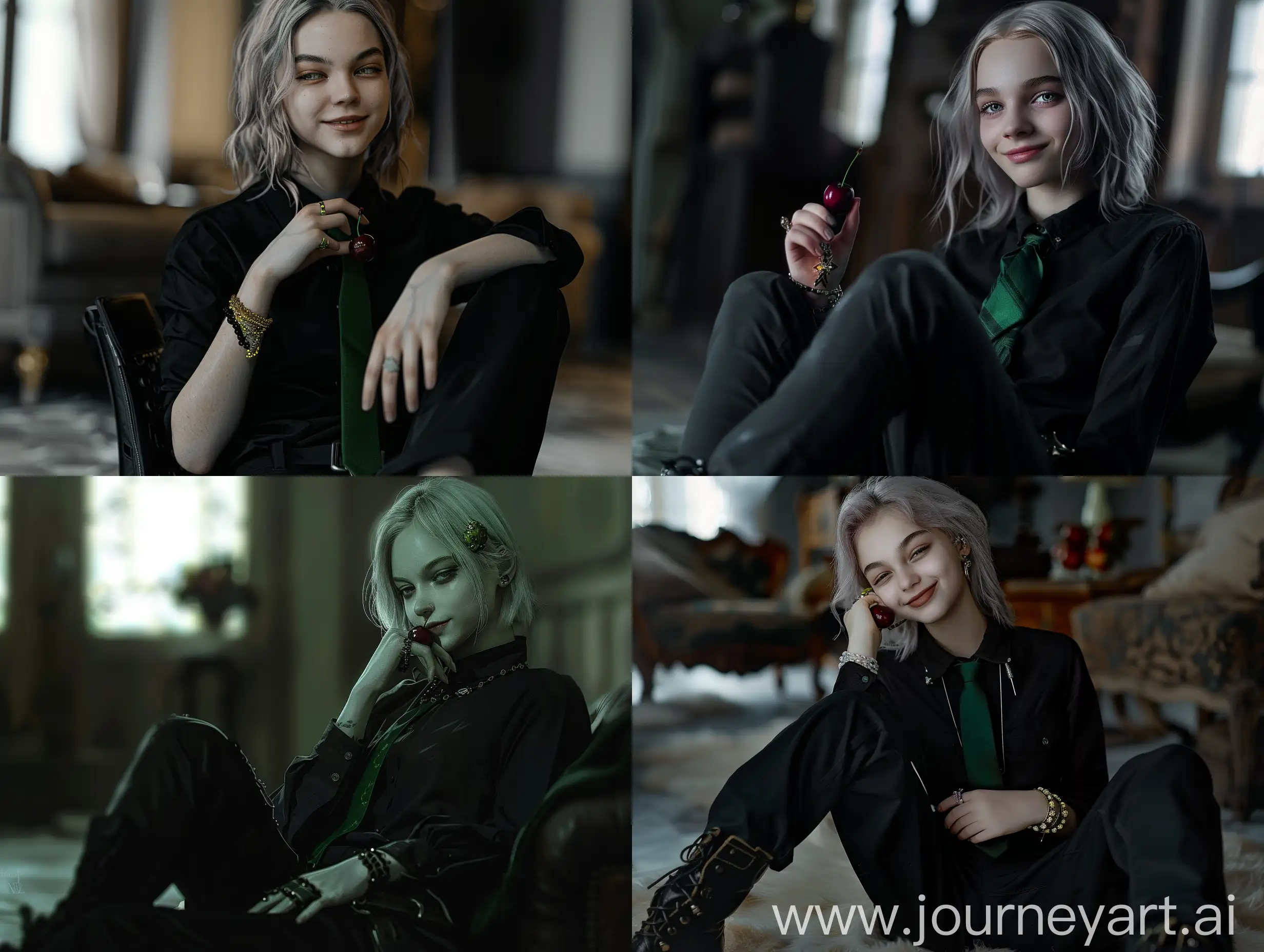 Realistic, light smile, dark outfit, unusual, 1girl, European, solo, pale skin, teenage, boots, bracelet, jewelry, beautiful, Cunning, slight smirk, closed lips, narrowed eyes, dark eyes, black shirt, green tie, dark violet eyes, black shirt, green tie, light ash-grey-blond hair, medium length hair, apathy, elite, luxury, nobility, estate, hair ornament, estate inside, interior in black and white colors, minimalist design, holding a cherry, blurry background, black trousers, sitting, film moment 