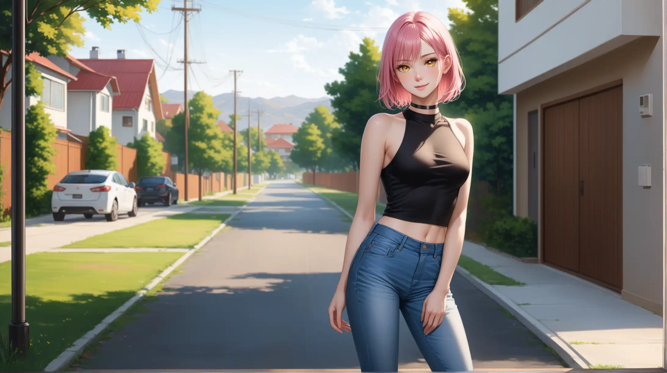 Draw a woman, short pink hair, yellow ringed eyes, slender figure, high quality, realistic, accurate, detailed, long shot, full body, outdoors, suburb, natural lighting, sleeveless shirt, jeans, choker, seductive pose, smiling toward viewer