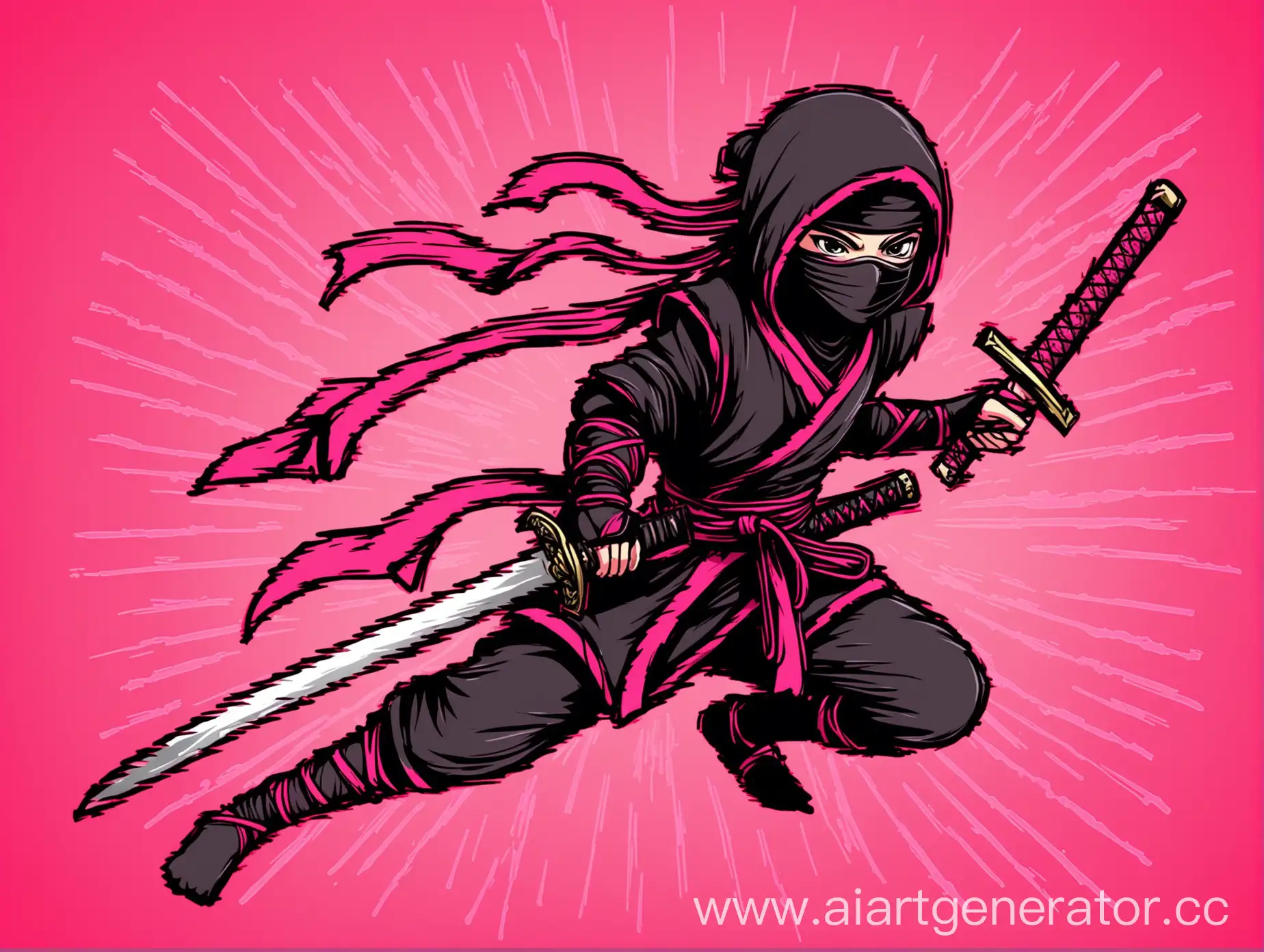 Розовый арт, красные очертания, ниндзя, меч, розовый фон