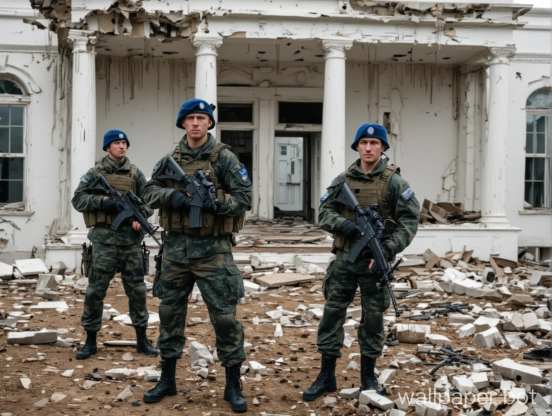 солдаты вдв в голубых беретах с автоматами стоят на фоне разрушенного Белого дома в Вашингтоне