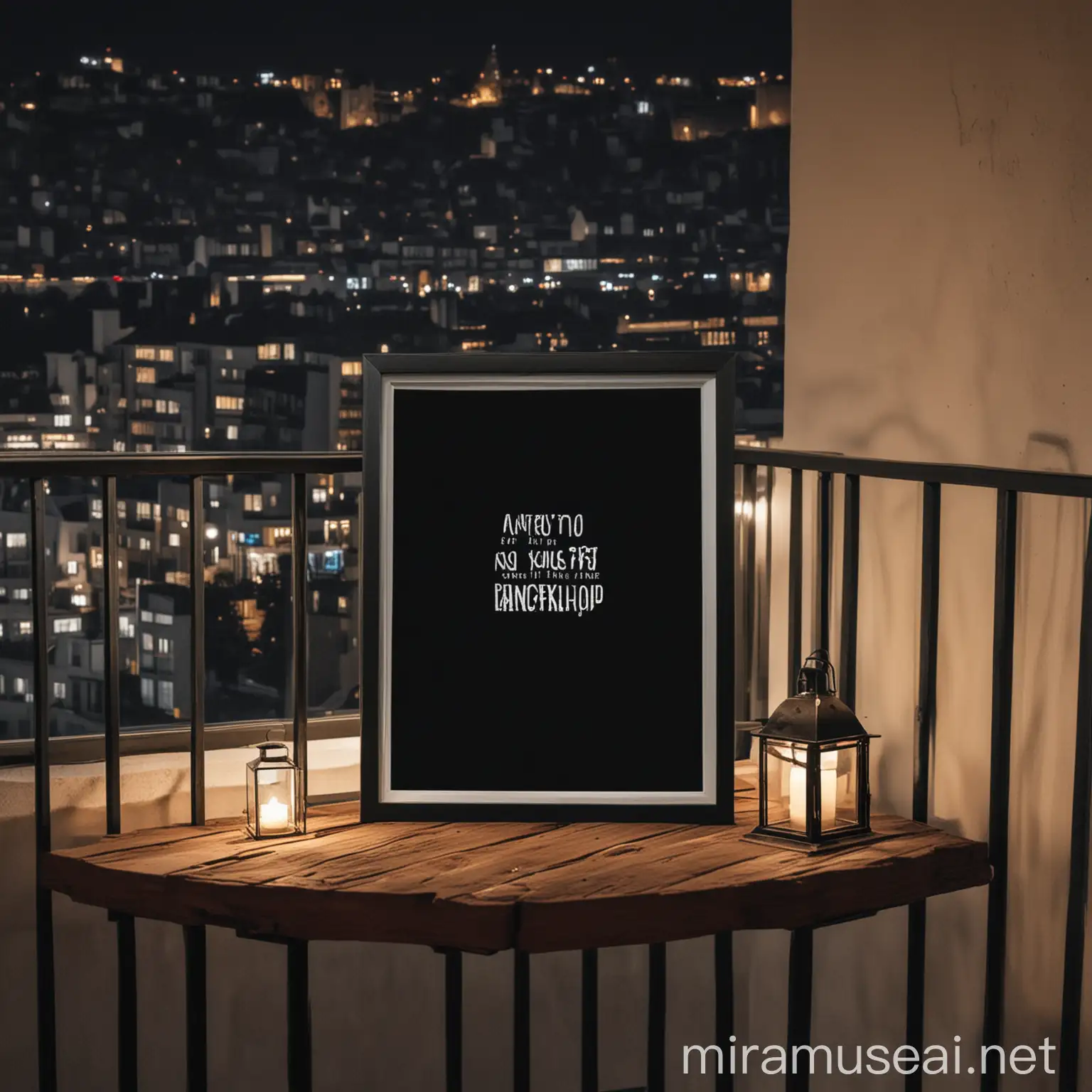 a4 black frame mockup on a balcony during the night