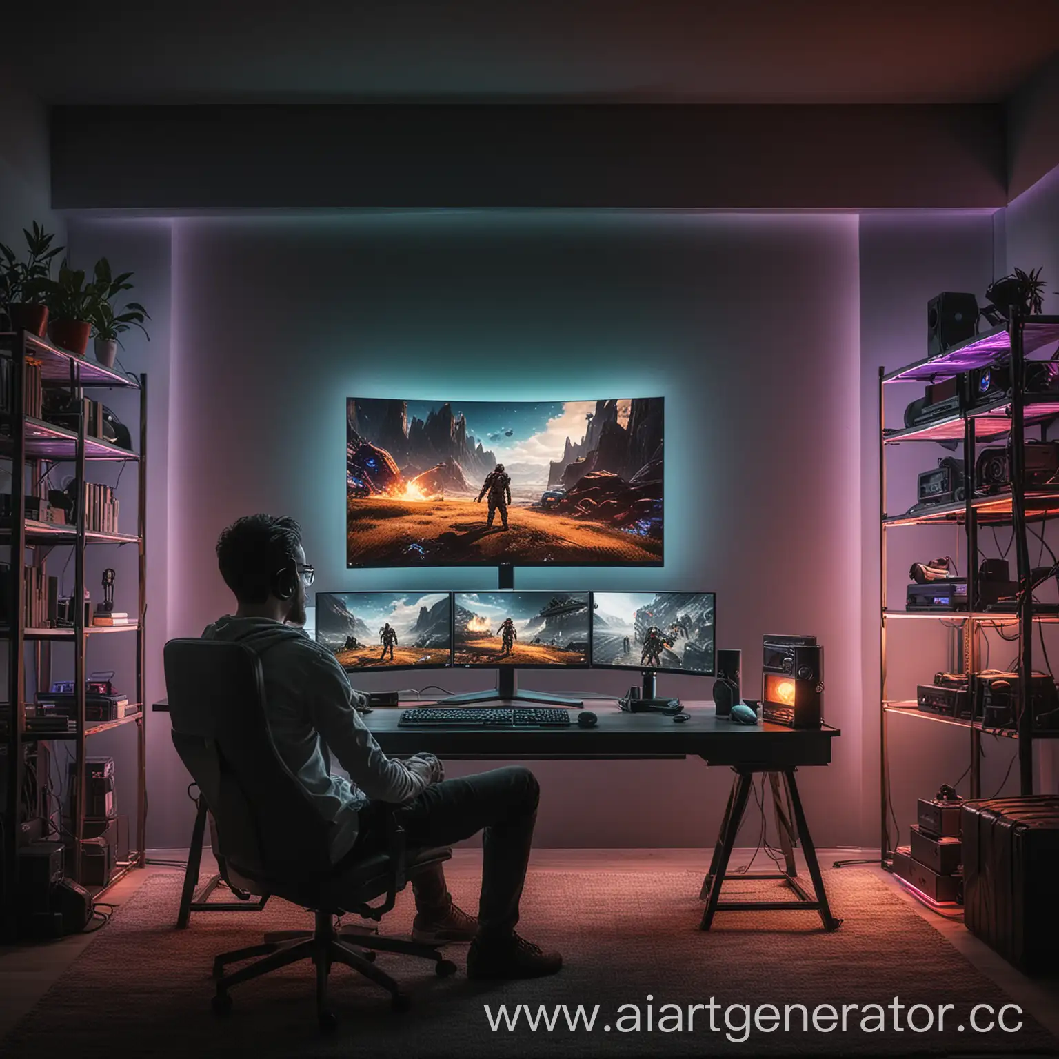 Парень сидит перед крутым игровым компьютером в очень стильно обставленной комнате, освещенной RGB, Кадр направлен между парнем и монитором и парень смотрит в монитор