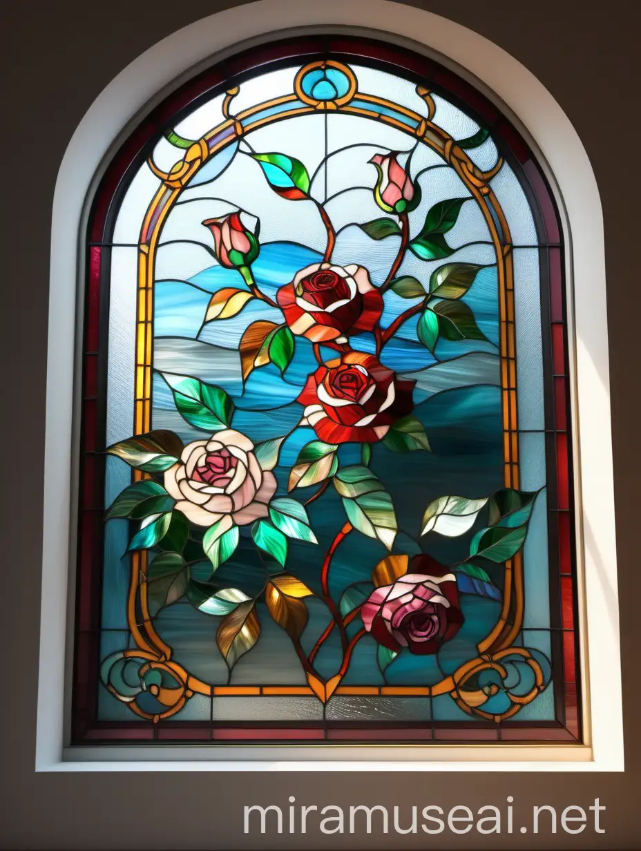 витраж тиффани на большом панорамном окне в гостиной комнате абстрактные вьющиеся розы в стиле ар нуво