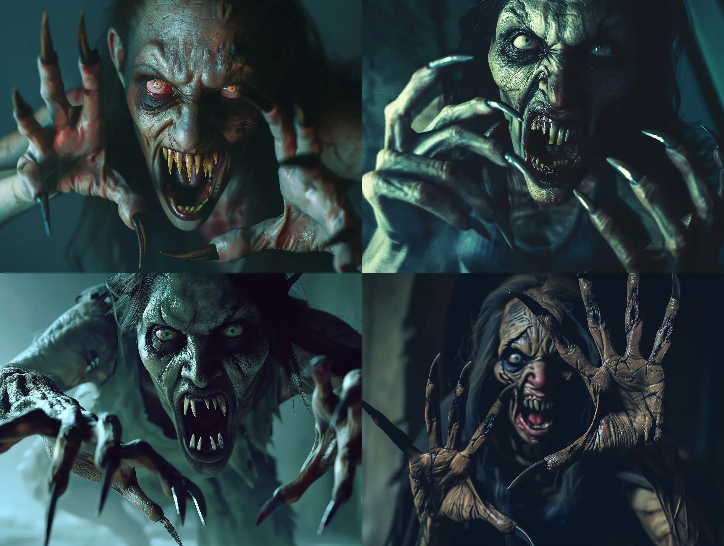 A hauntingly realistic scene of a nightmarish hungry ghoul female with clawed hands, her mouth agape, revealing a frightening display of pointed teeth resembling predatory fangs. She appears to be lurching towards you with long, pointed nails that are almost grotesquely reminiscent of beast claws.her eyes are a vacant, under atmospheric lighting in a full anatomical depiction, set in a night-time setting that is very clear without flaws, horror, photorealism, detailed, textured, dark, haunting, night-time scene, intense, creepy, undead, spooky, eerie, atmospheric lighting, nightmare, grotesque, terrifying, realistic anatomy.