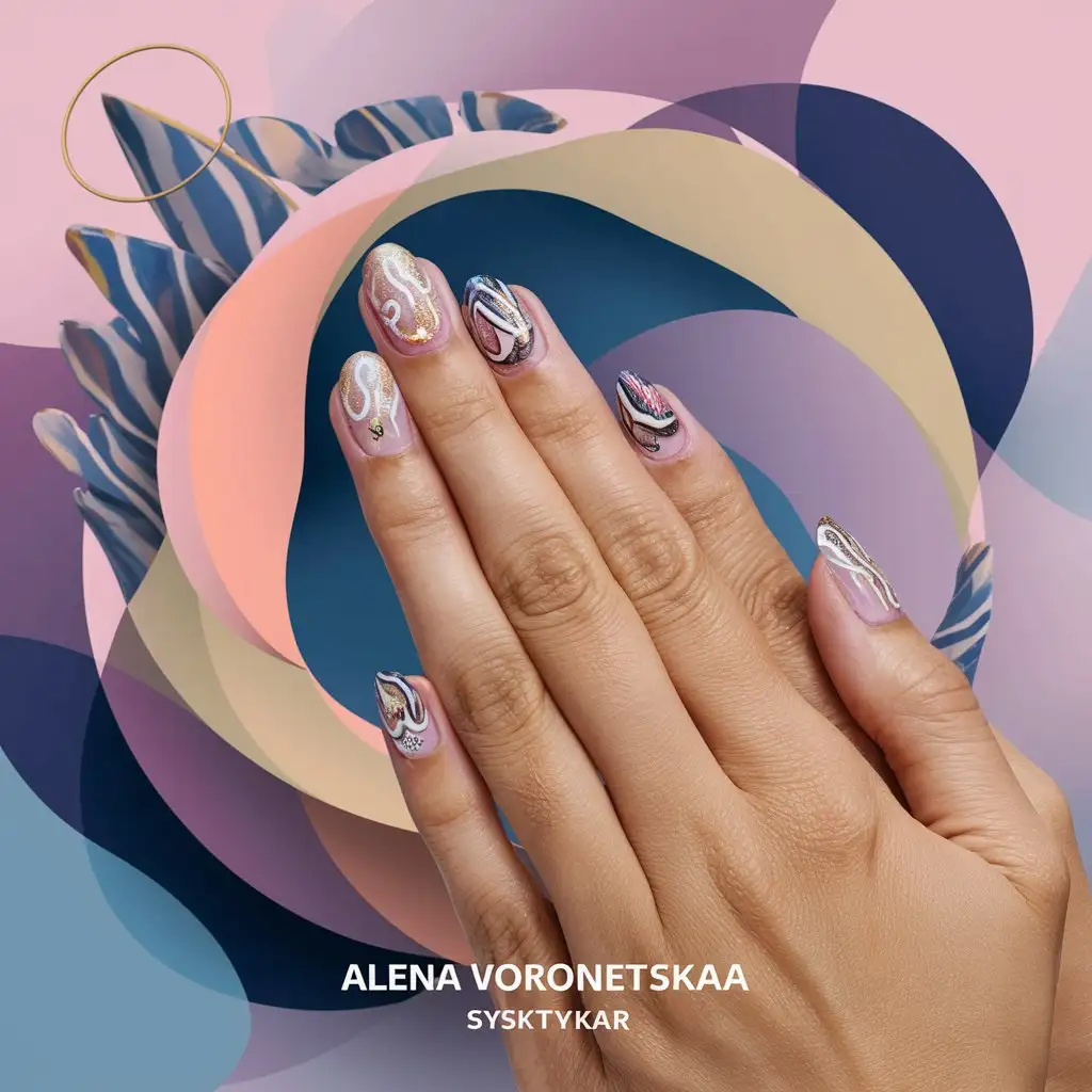 I want an image with beautiful background, with beautiful manicure women's hand, and written Alena Voronetskaya manicure Sыktyvkar