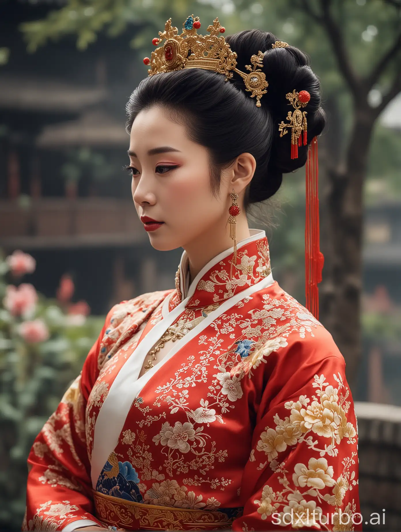 has a queenly majestic air, grand and imposing countenance, wearing traditional Chinese dress, hair piled high