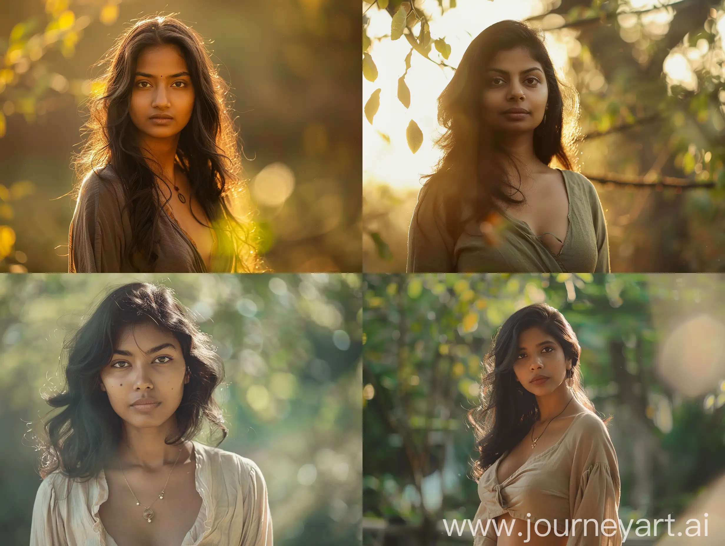 "Cinematic portrait of a full-body Indian woman in her late 20s or early 30s, standing against a natural background with soft dramatic lighting. She has a gracefully curvy figure, with a balanced and symmetrical heart-shaped face. Her clear and radiant complexion has a subtle warmth, suggesting a hint of sun-kissed glow. Her thick and lustrous hair is styled in loose waves or soft curls, framing her face in a rich brown or black color. Her deep-set eyes are dark brown or hazel, with an intense gaze that conveys intelligence and warmth. She wears a simple yet elegant attire, either a flowing dress or a classic blouse with tailored pants, in earthy tones that complement her skin. Her style is understated and refined, with a touch of feminine charm. She wears minimal jewelry, including a delicate pendant necklace and small earrings. Her expression is serene and composed, with a hint of a knowing smile. Capture her full-body pose, showcasing her confidence and poise, in high resolution and a 16:9 aspect ratio."