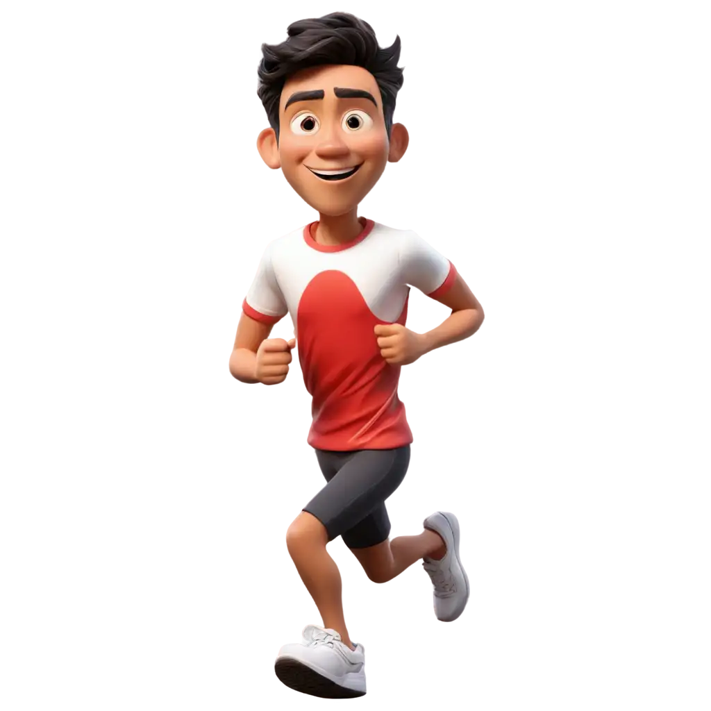 a 3D full body caricature realistic rendered Disney Pixar style. Tiny body, big head. A 30 years old Indonesian man, running marathon victory posed, wearing white short and a red t-shirt with XMPL text in the chest, looking to camera. Tall, tiny body, oval chin, slightly eyes, bright skin. Body position is clearly visible. Isolated on solid white background. Use soft photography lighting with hair lights, edge lights, and top lights. Very high detailed photo.