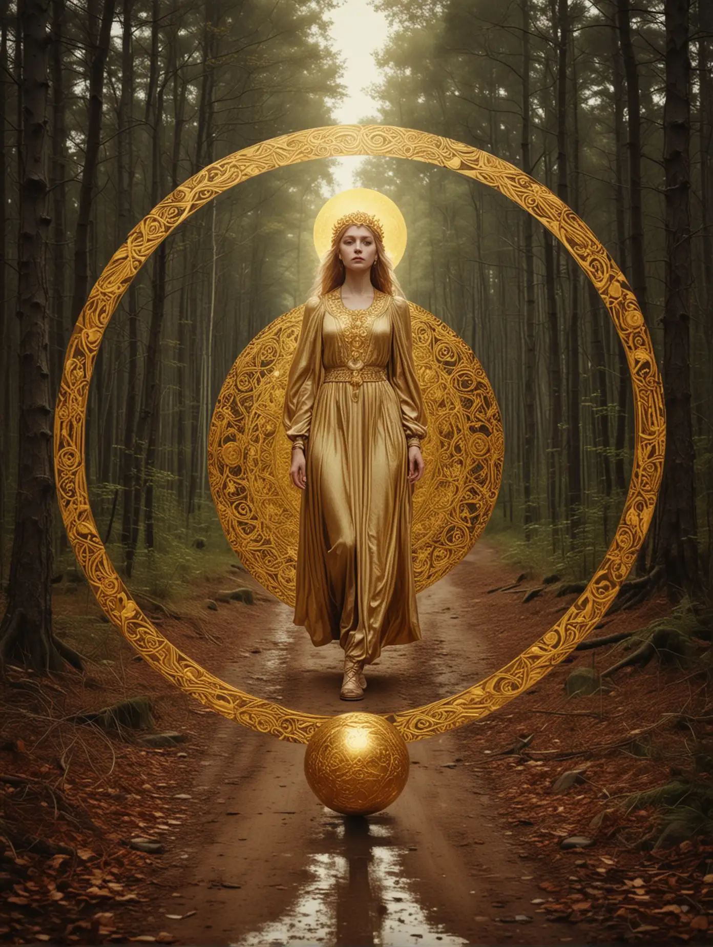 Slavic-Style-Tarot-Card-Woman-in-Gold-Journeying-Through-Forest-with-Sphere