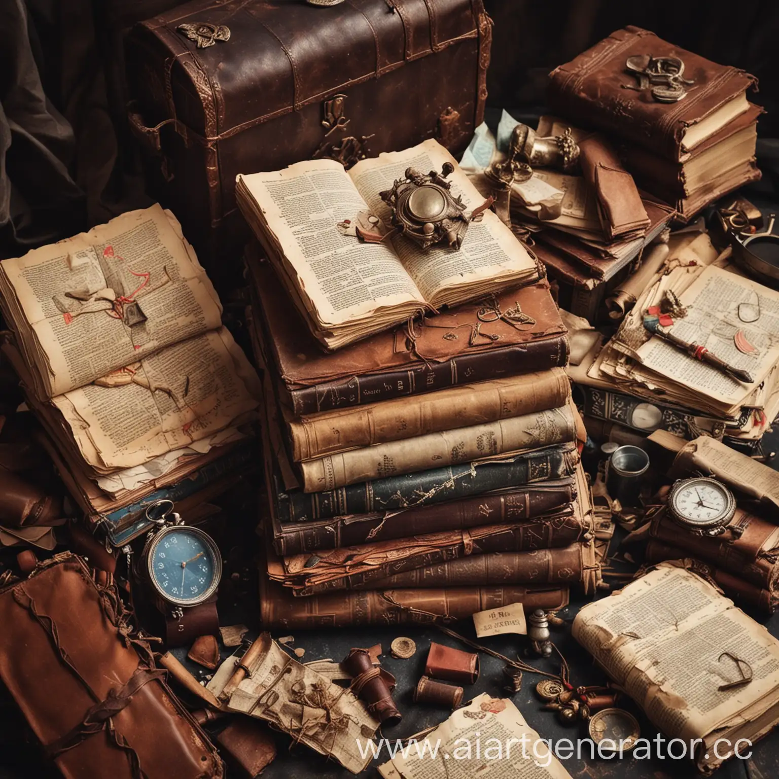 стопка книг лежит в мусоре, грязные книги, сверху лежит дневник в кожаной обложке, с картой сокровищ