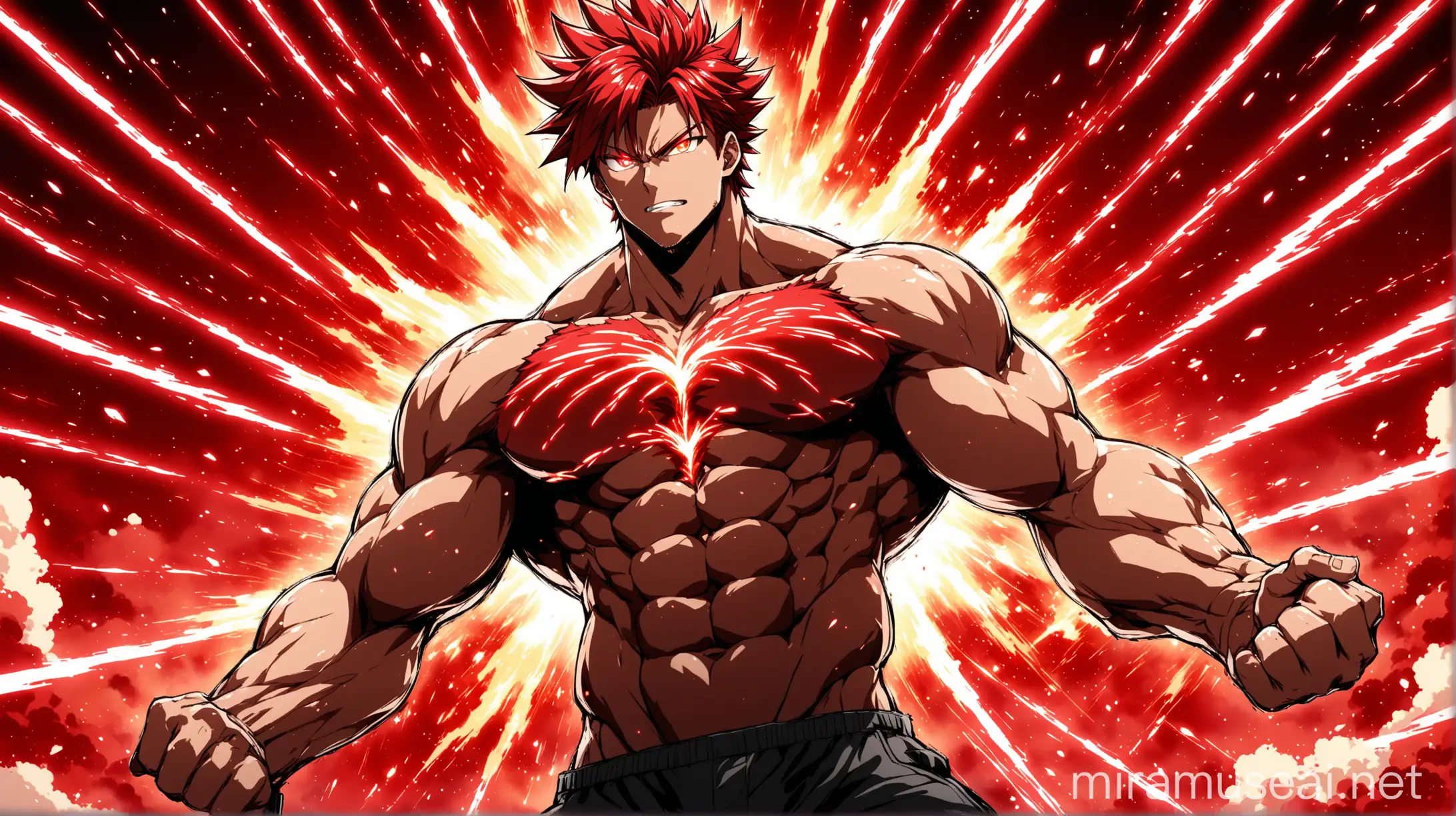 Anime alpha character with jacked body with a big v-taper shirtless with red glowing lines on his body, his eyes are white and his hair red, the theme of this image is red-white, massive red-white explosions in the background
