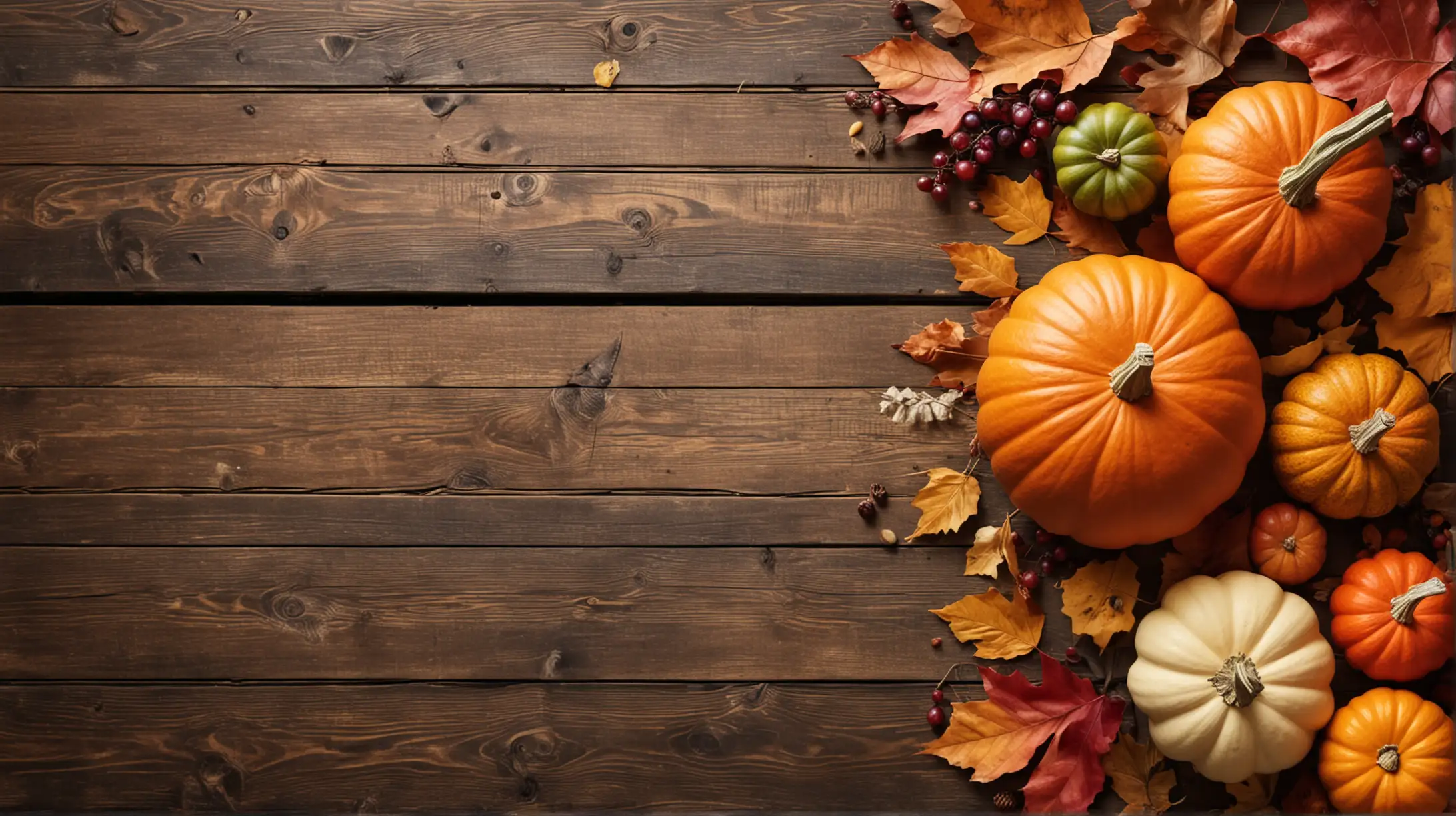Thanksgiving concept. Colorful pumpkins, fruits and fall leaves on rustic wooden background