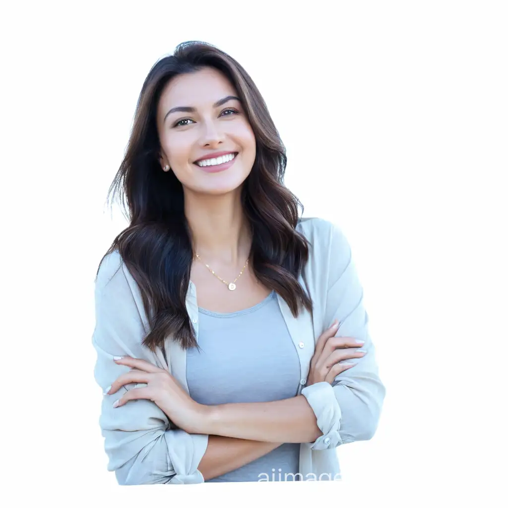 A beautiful woman standing indoor infront of plain background in relaxed mood under bright light with no shadow anywhere in a casual shirt outfit with a relaxed smile on her face looking straight forward direction head tilted to left or right body pushed outside backcrossed in the opposite direction to the head tilted and hands crossed over the chest
Age: I imagine someone in their 20s to 30s. Hair: Long, flowing, and perhaps slightly wavy, with a natural color. Eyes: Warm and bright, conveying kindness and a sense of calm. Skin: Smooth and clear, with a healthy glow. Smile: Genuine and relaxed, reaching her eyes and suggesting happiness and contentment. Clothing Style: Casual and comfortable. Maybe a light cotton button-down shirt or a relaxed-fit blouse, paired with jeans or chinos. Colors: Neutral tones like white, beige, or light blue. Head: Tilted slightly to the right, indicating a sense of ease and openness. Body Pose: Leaning slightly to the left, creating a relaxed and natural posture. Arms: Crossed comfortably over her chest, conveying a sense of confidence and self-assurance. Background Color: A simple, neutral color like white, light grey, or cream. Texture: Smooth and clean, with no distracting details. Brightness: Bright and even, illuminating the woman's face and features without casting shadows. Type: Soft, natural light, possibly from a window or a soft light source. Jewelry: A simple necklace or a few delicate bracelets could add a touch of personality. Makeup: Minimal and natural, enhancing her features without being overly done. Possible emotions or expressions: Calm and content, Confident and self-assured, Happy and relaxed, Peaceful and serene