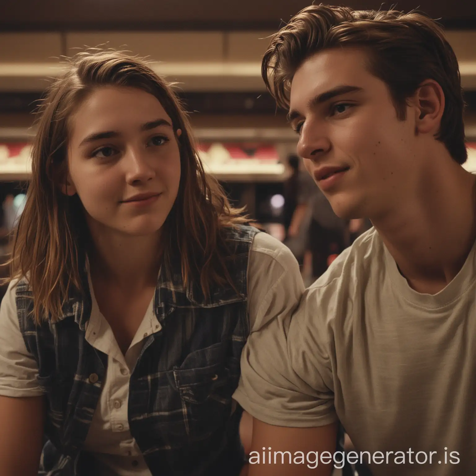 20 year old boy and 20 year old girl bowling, they are boyfriend and girlfriend. Low lighting. Like a film not looking at the camera. Close to their faces, they look at each other