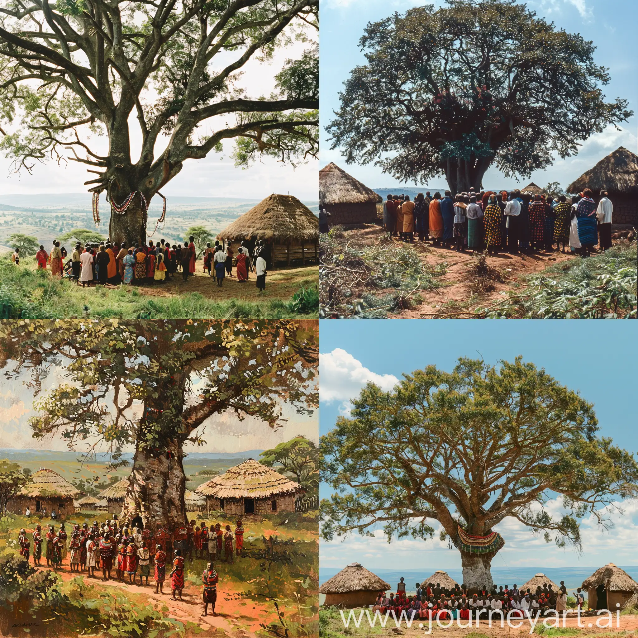 traditional kikuyu people gather under a mugomo tree with traditional huts on play background for a wedding