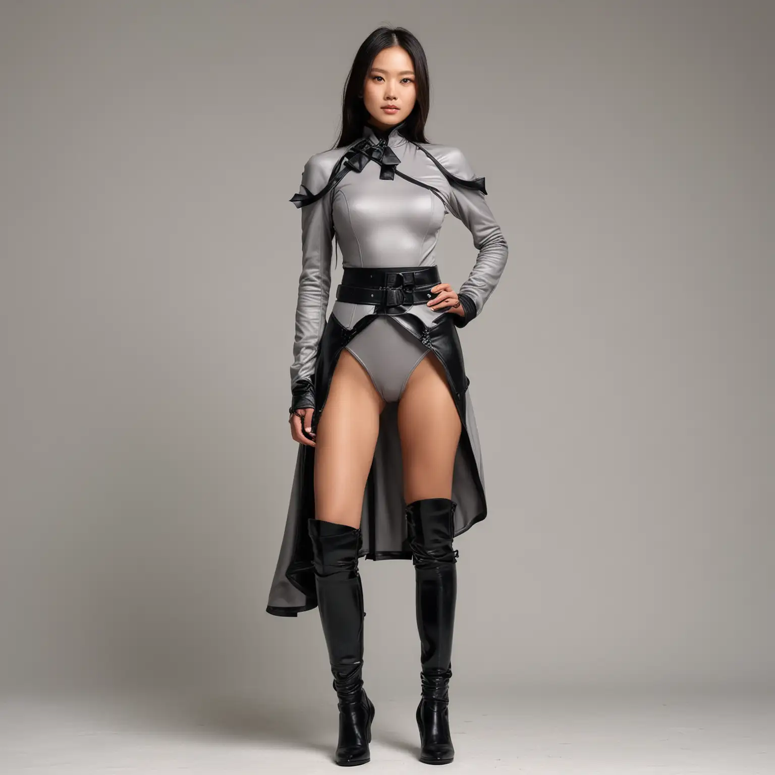 Standing full body view, toned beautiful supermodel with thin waist, long legs,large breasts, leather light-gray chinese-style turtleneck leotard one-piece with large shoulderpads, long sleeves, black samurai armor breastplate, black belt tied in giant bow, light-gray cape, black sneakers, sneakers, white background