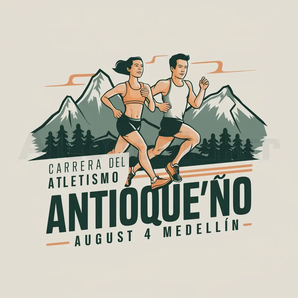 a logo design,with the text "CARRERA DEL ATLETISMO ANTIOQUEÑOnAugust 4 MEDELLIN", main symbol:two runners, man and woman with mountains of antioquia,Moderate,clear background