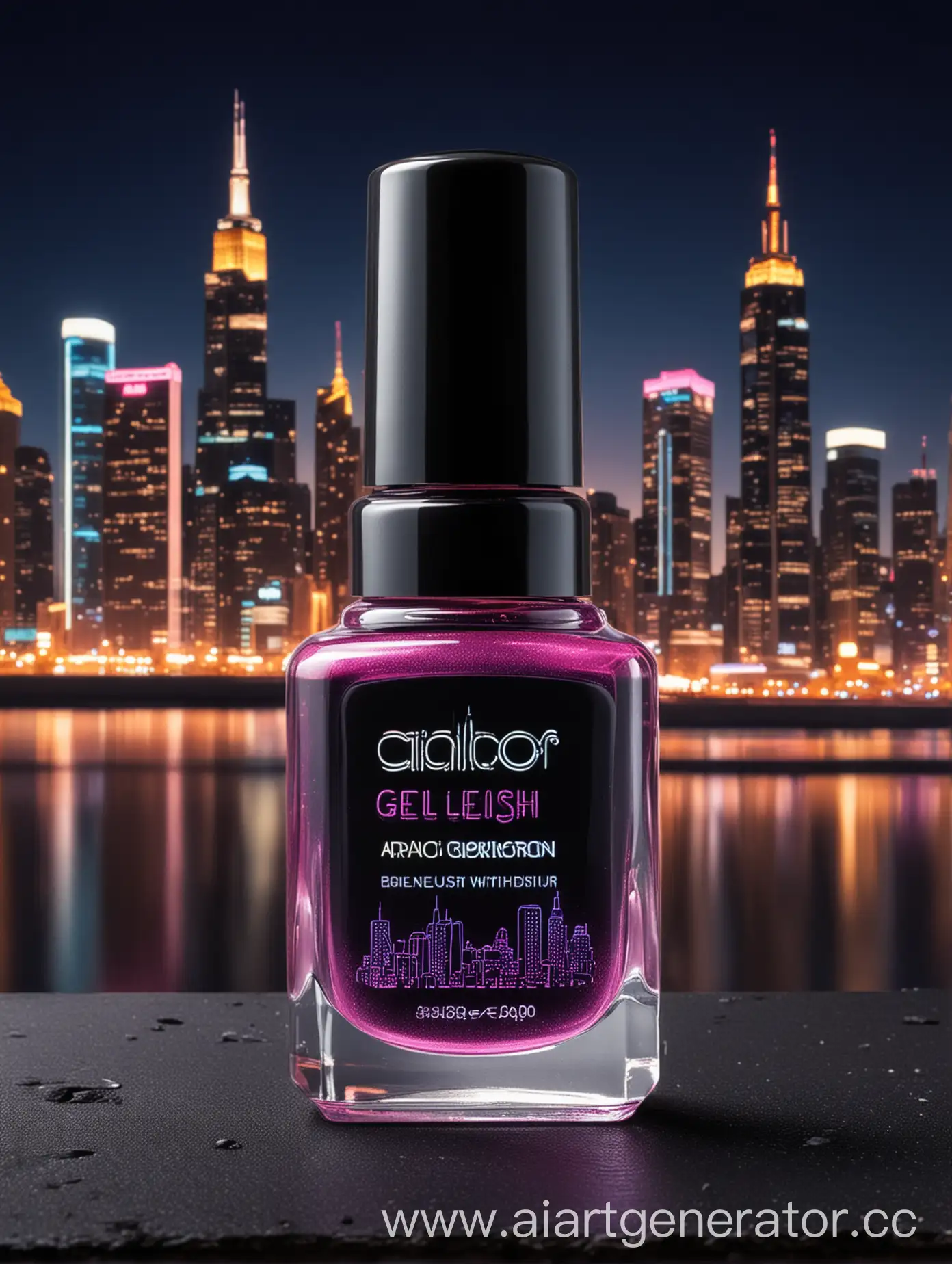 Icon with a bottle of gel polish on the background of a night city with neon lighting